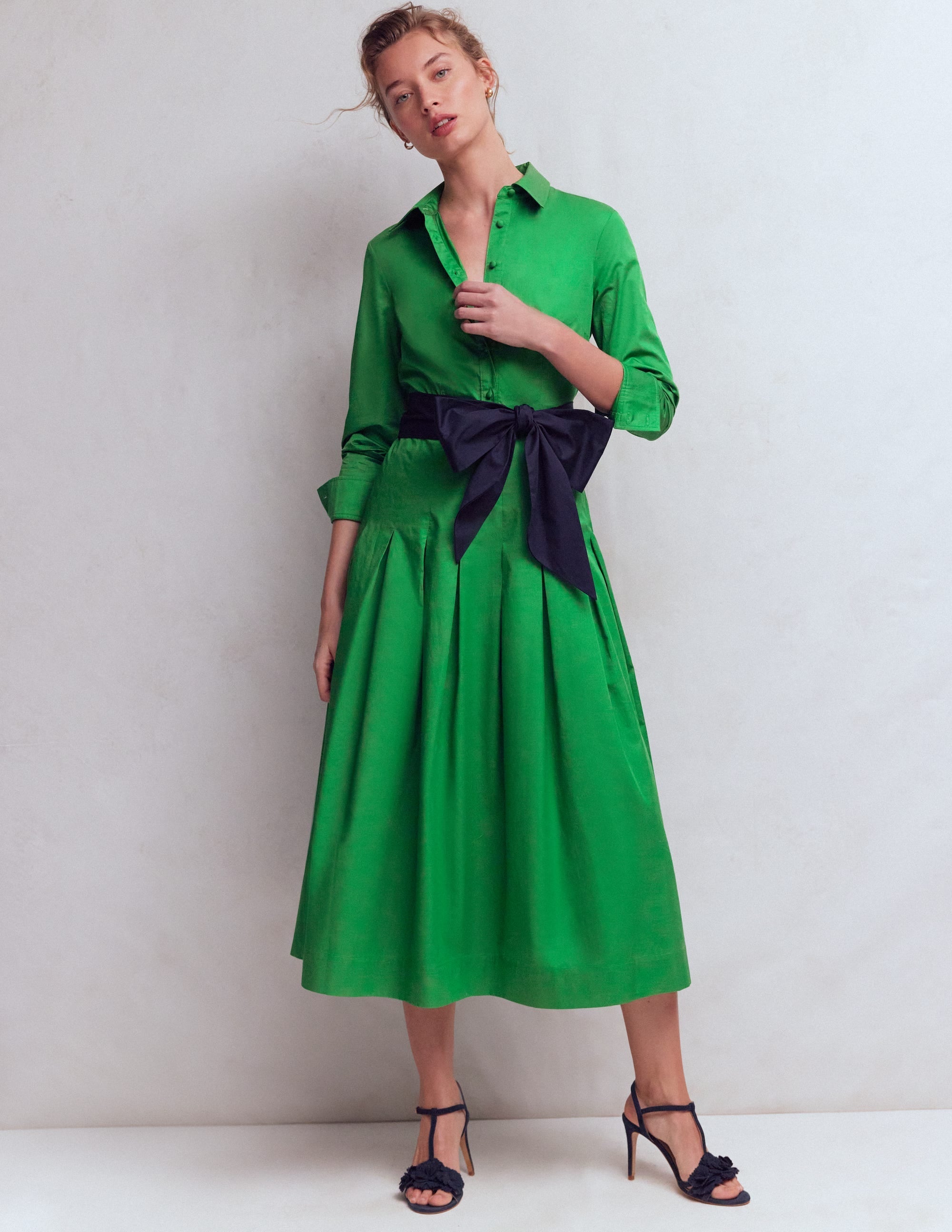Maxi Pleated Bow Dress-Green Navy