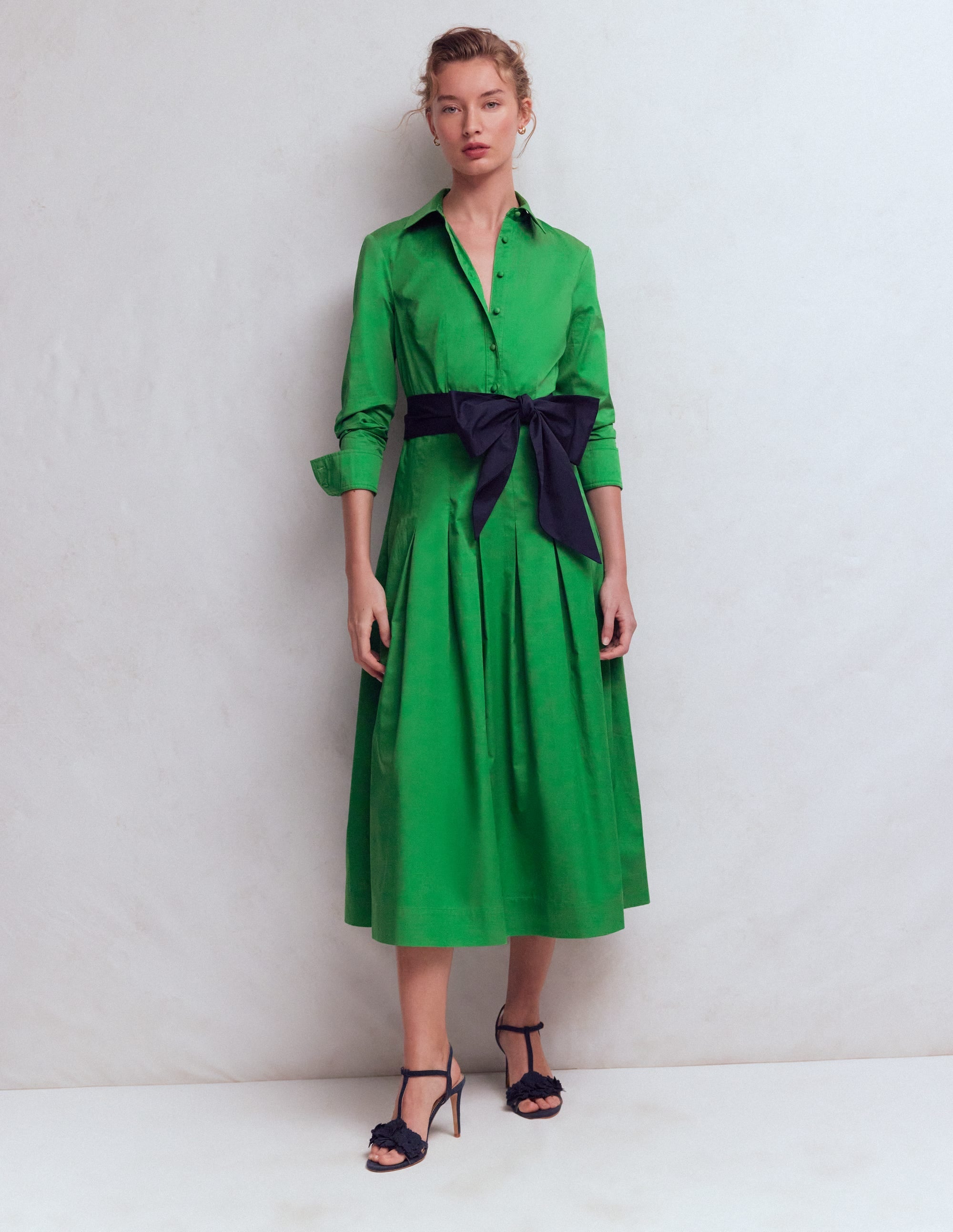 Maxi Pleated Bow Dress-Green Navy