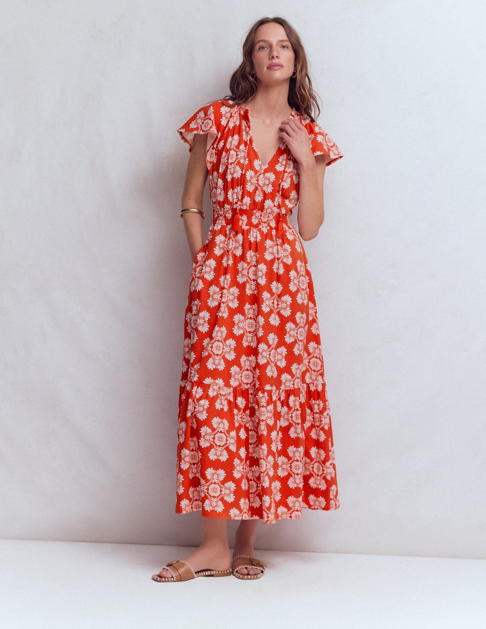 Tala Tiered Jersey Maxi Dress-Blood Orange, Botanical Charm