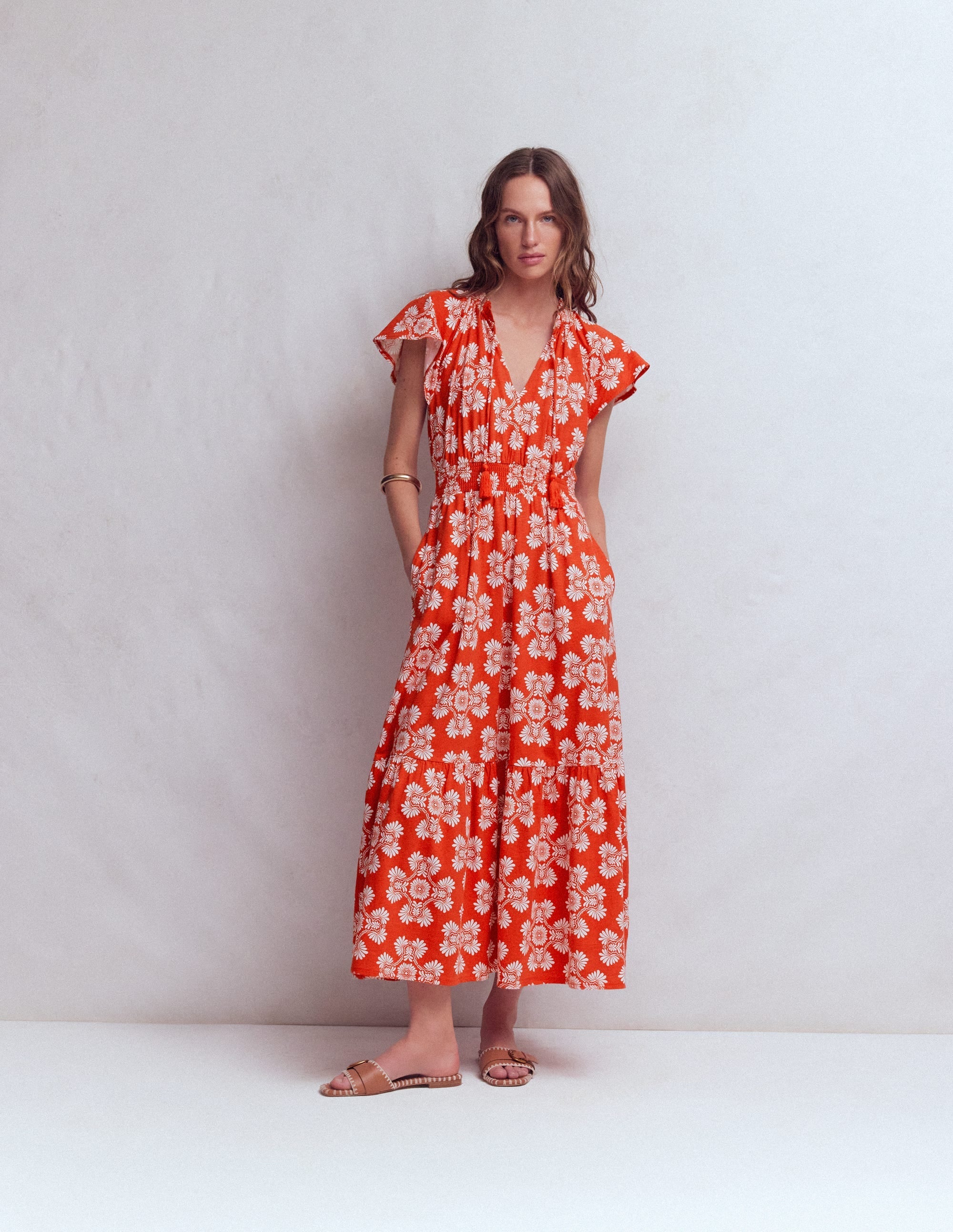 Tala Tiered Jersey Maxi Dress-Blood Orange, Botanical Charm