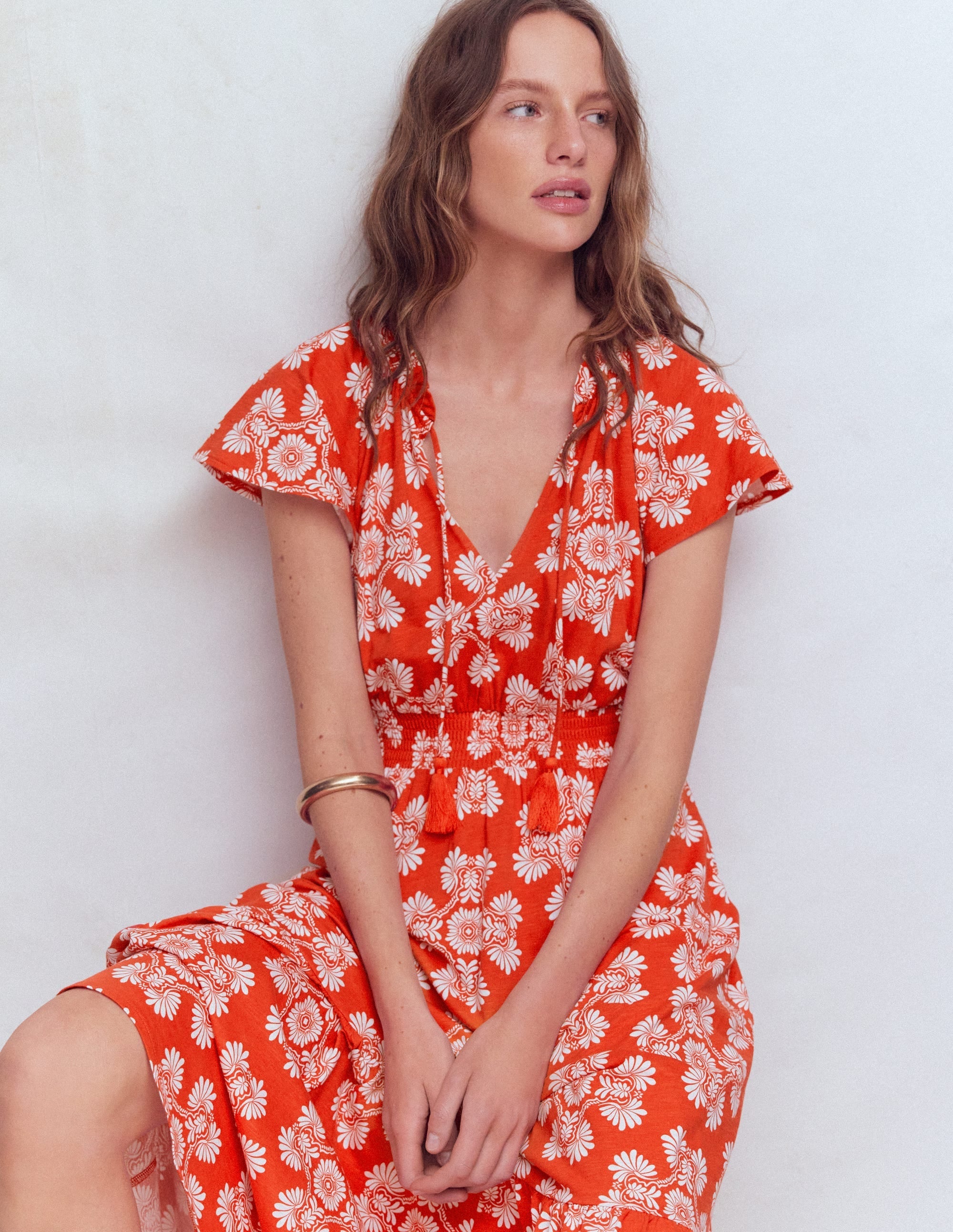 Tala Tiered Jersey Maxi Dress-Blood Orange, Botanical Charm