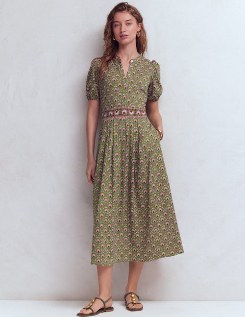 Amber Pleat Jersey Midi Dress-Olive, Flower Lattice