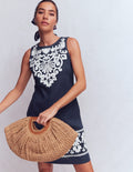 Linen Shift Dress-Navy Embrodiery