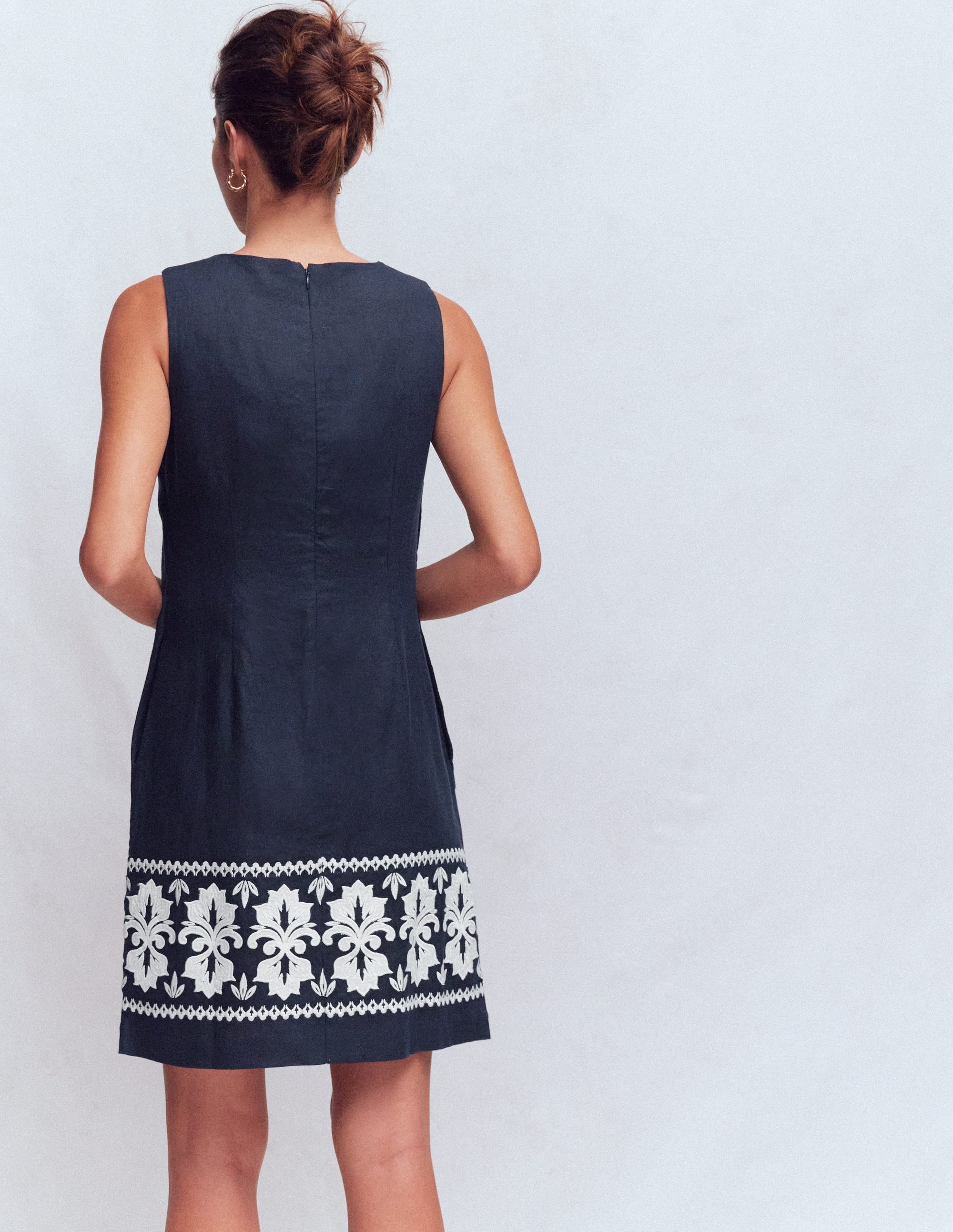 Linen Shift Dress-Navy Embrodiery