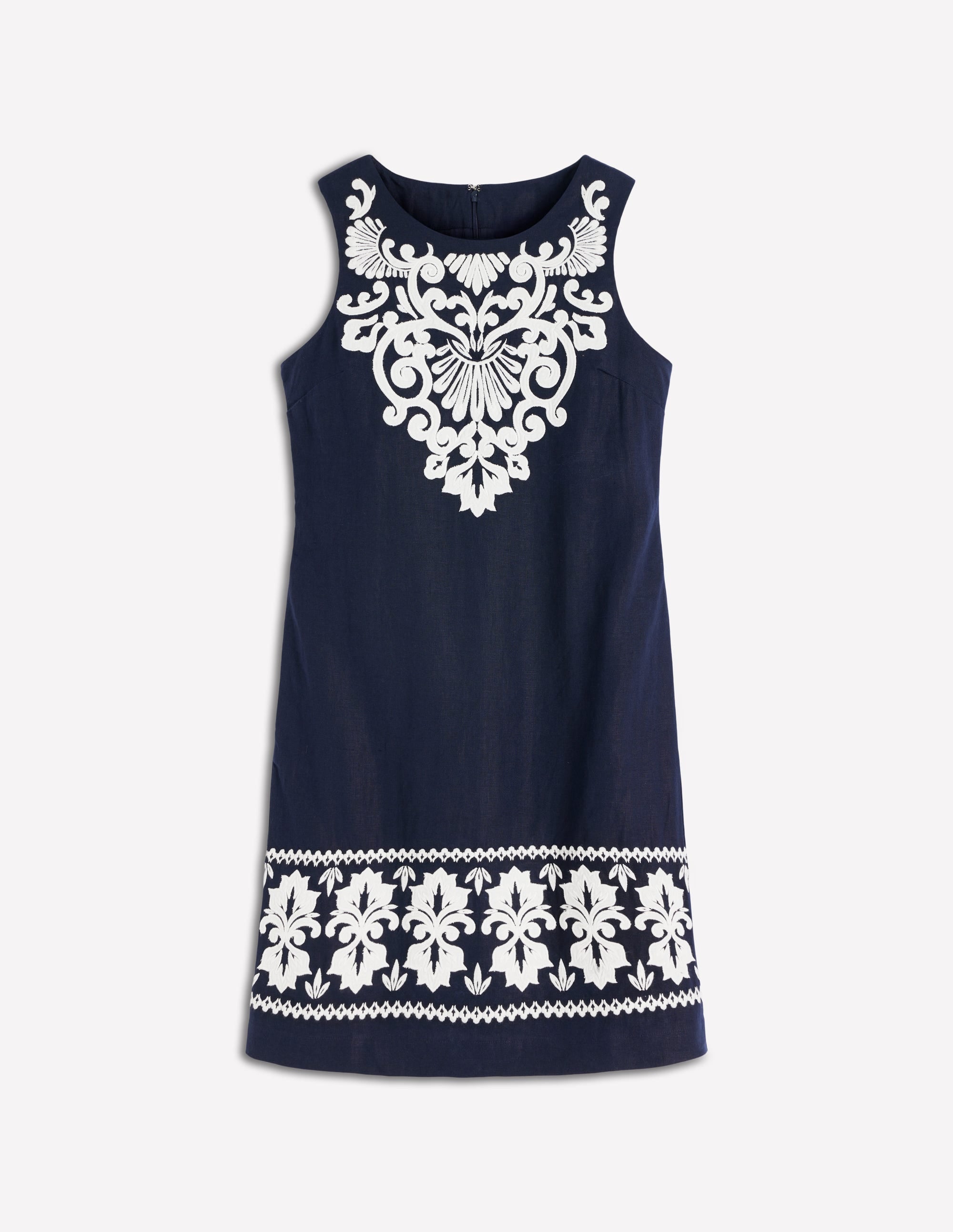 Linen Shift Dress-Navy Embrodiery