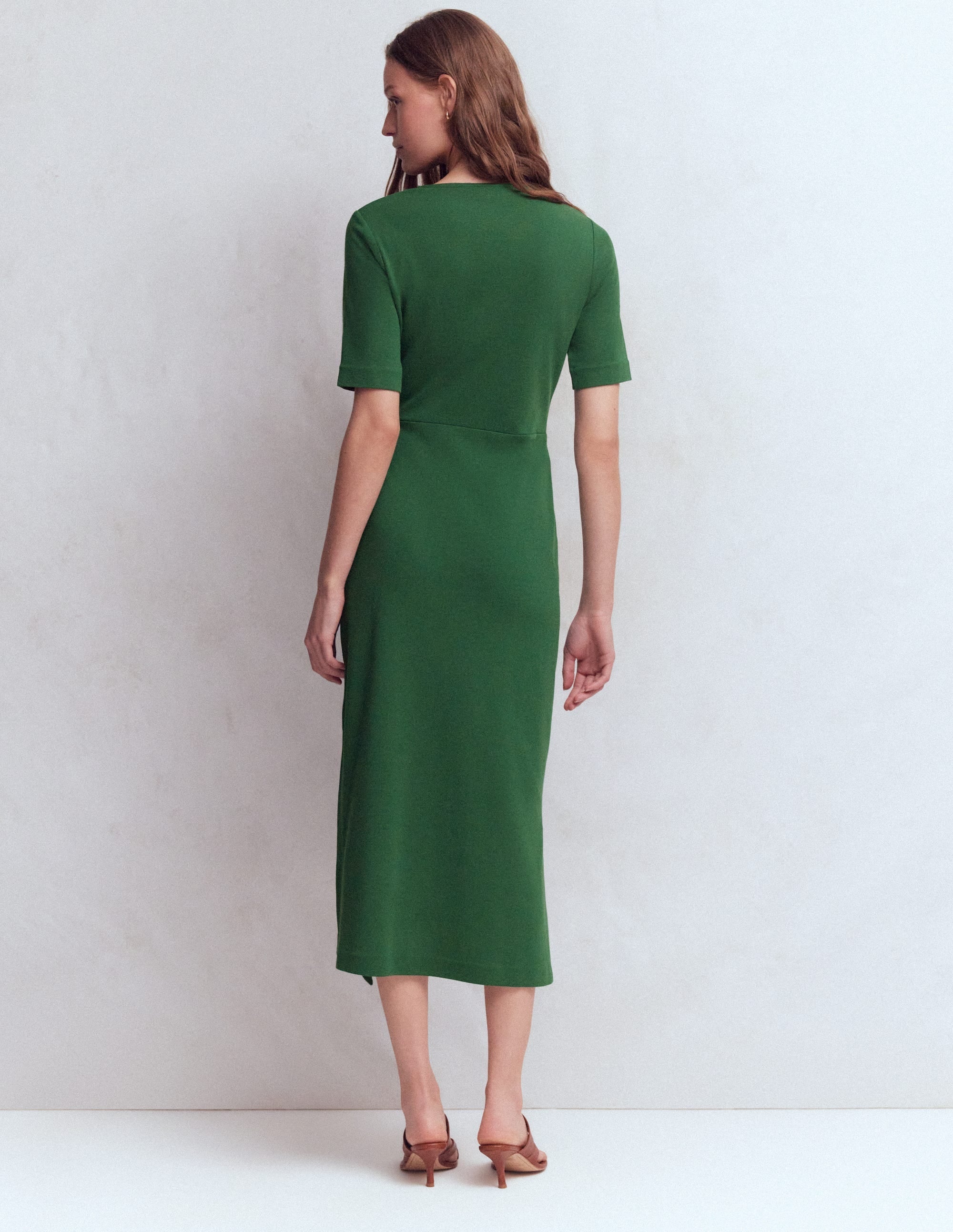 Zinnia Tie Ponte Midi Dress-Dark Green