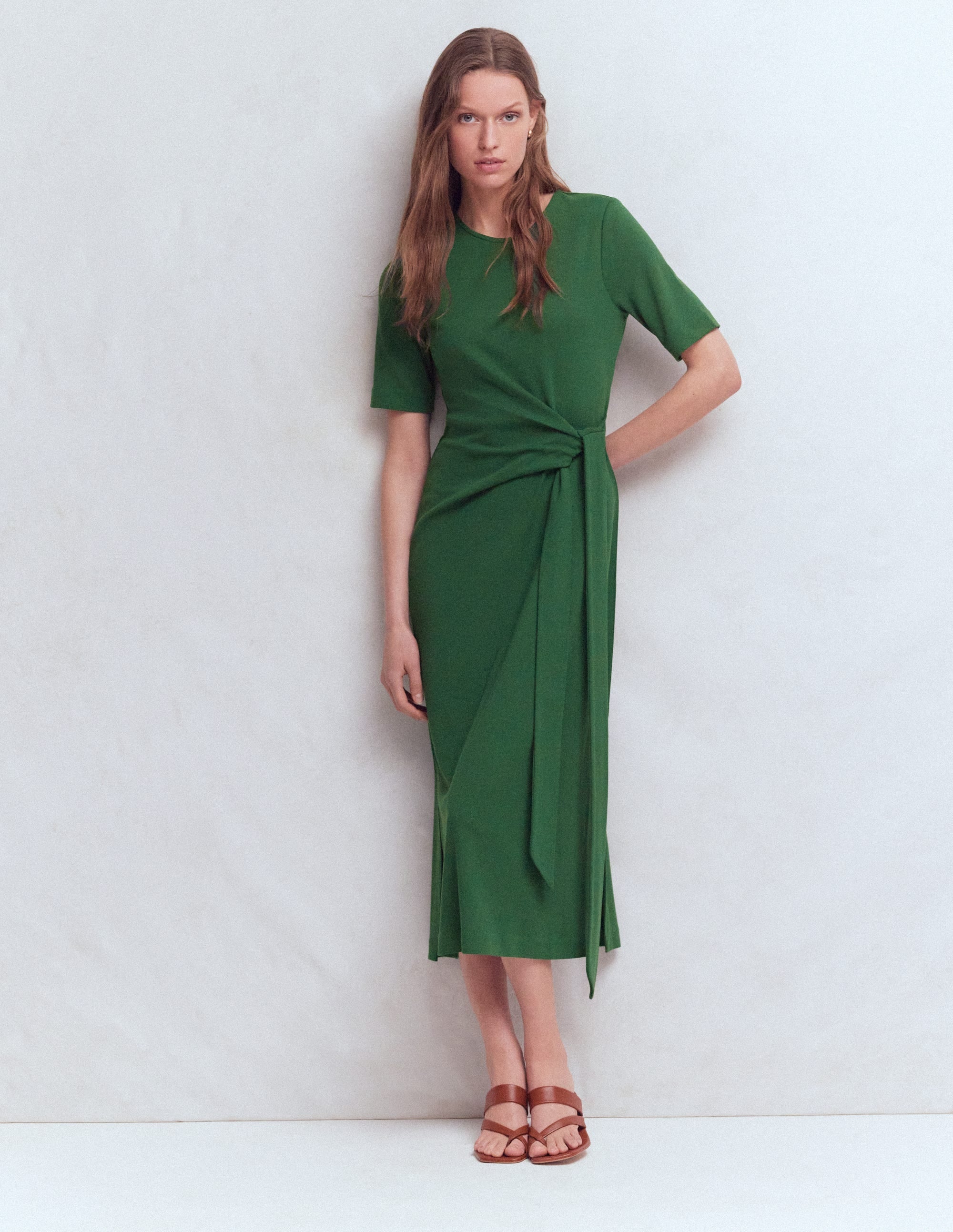 Zinnia Tie Ponte Midi Dress-Dark Green