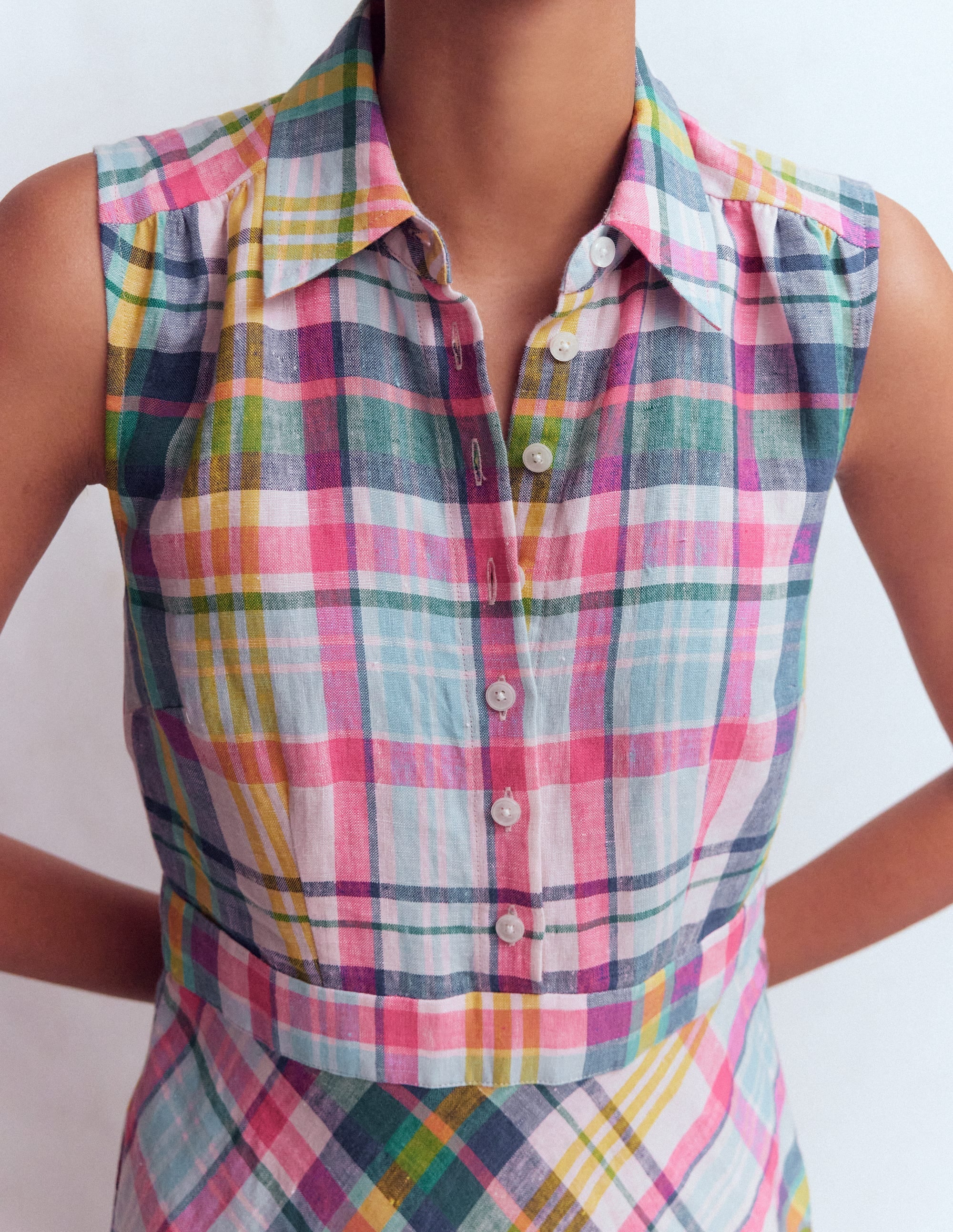 Erma Drop Waist Linen Dress-Blue, Pink and Green Madras