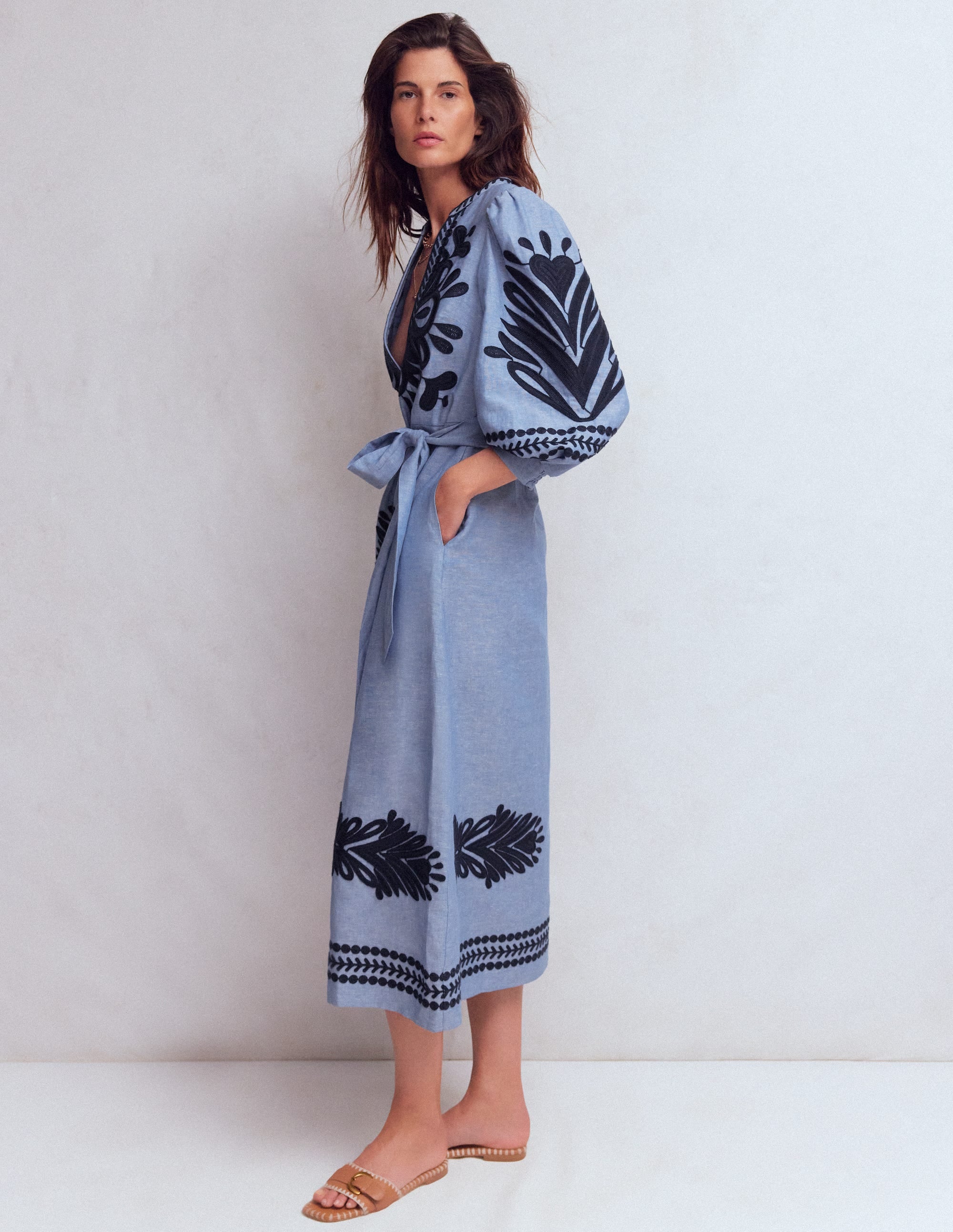 Octavia Linen Dress-Embroidered Chambray