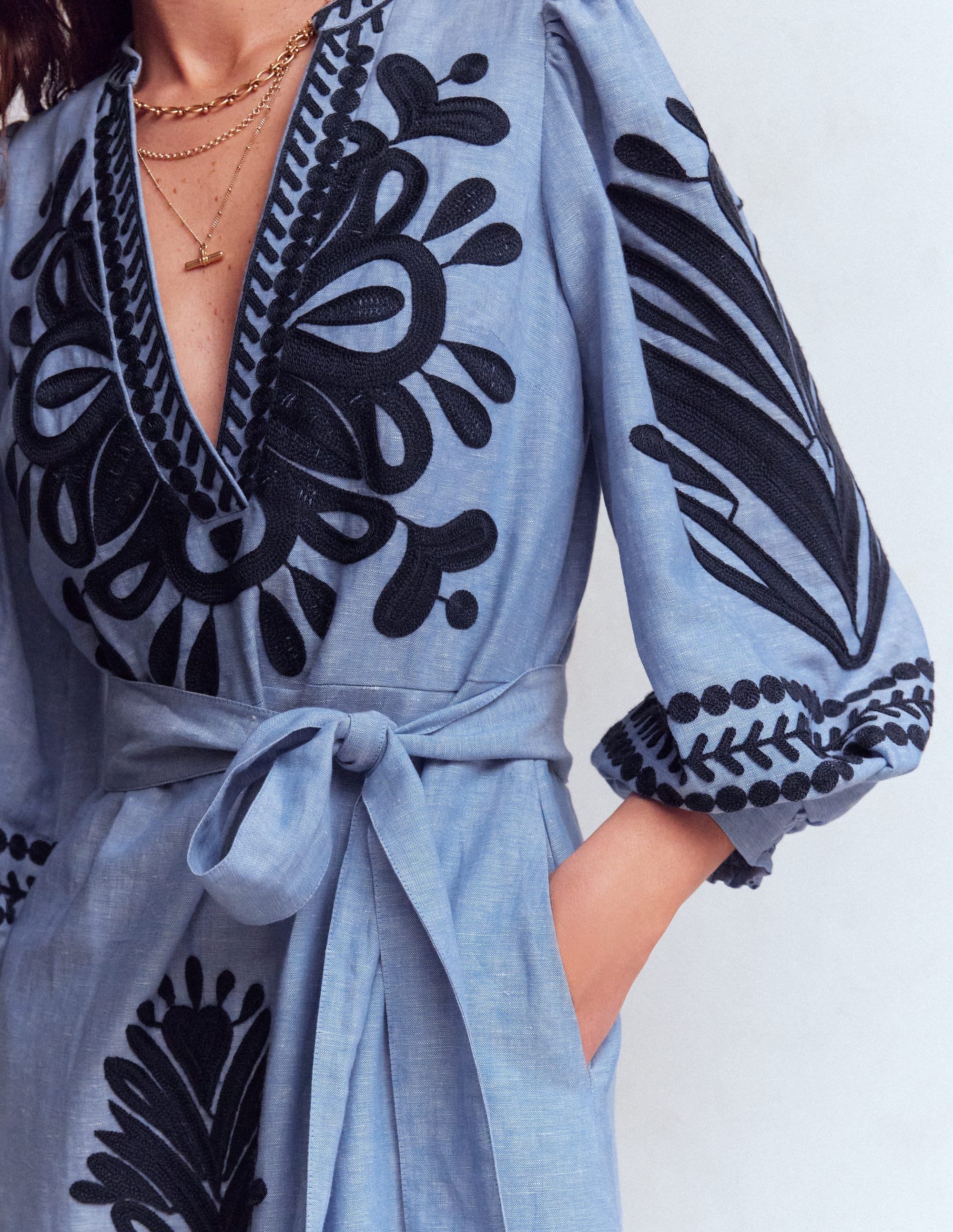 Octavia Linen Dress-Embroidered Chambray