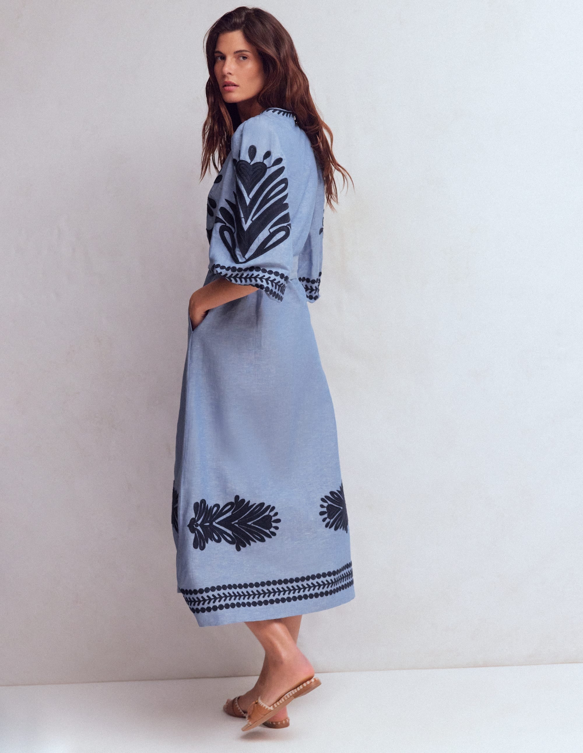 Octavia Linen Dress-Embroidered Chambray