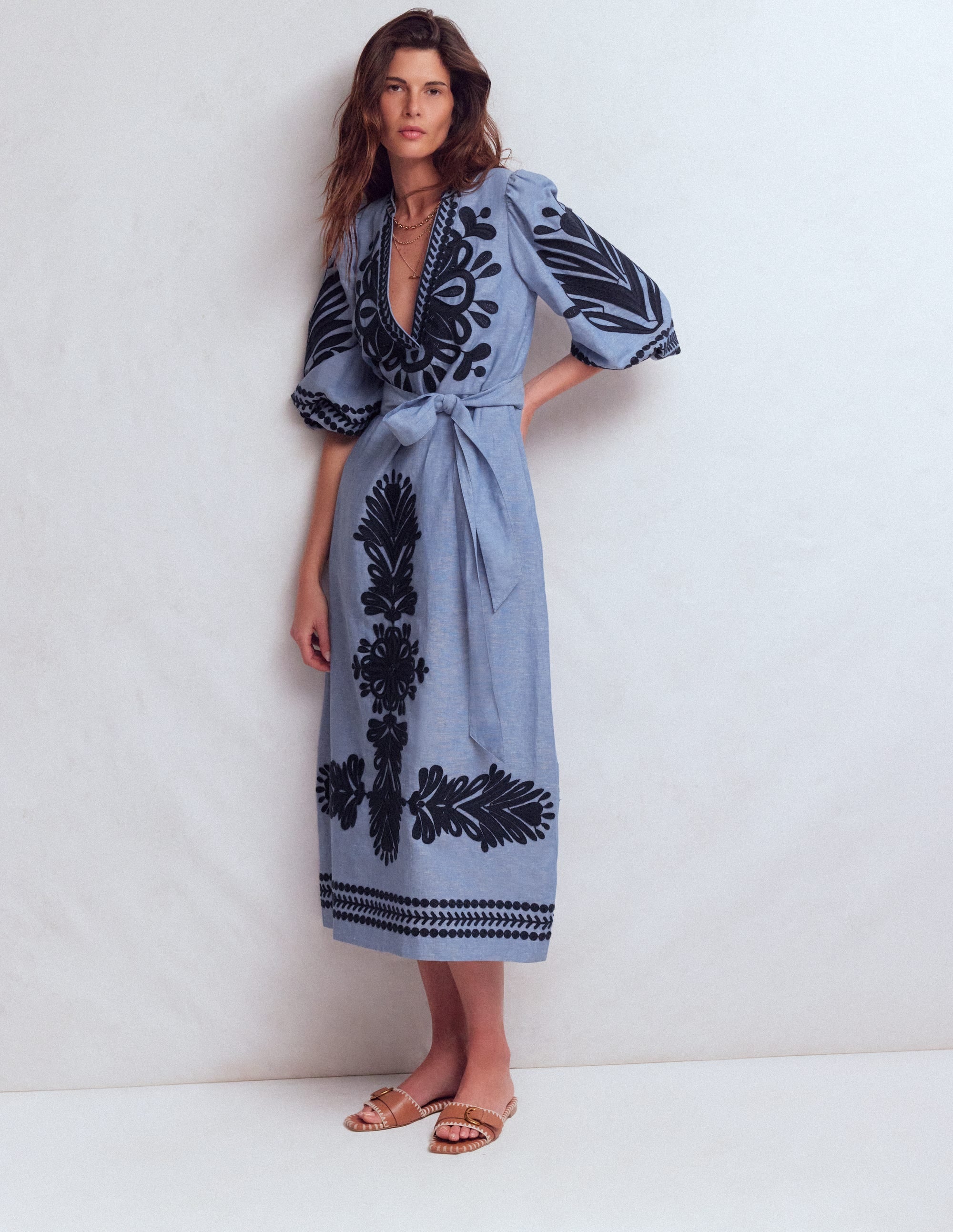 Octavia Linen Dress-Embroidered Chambray