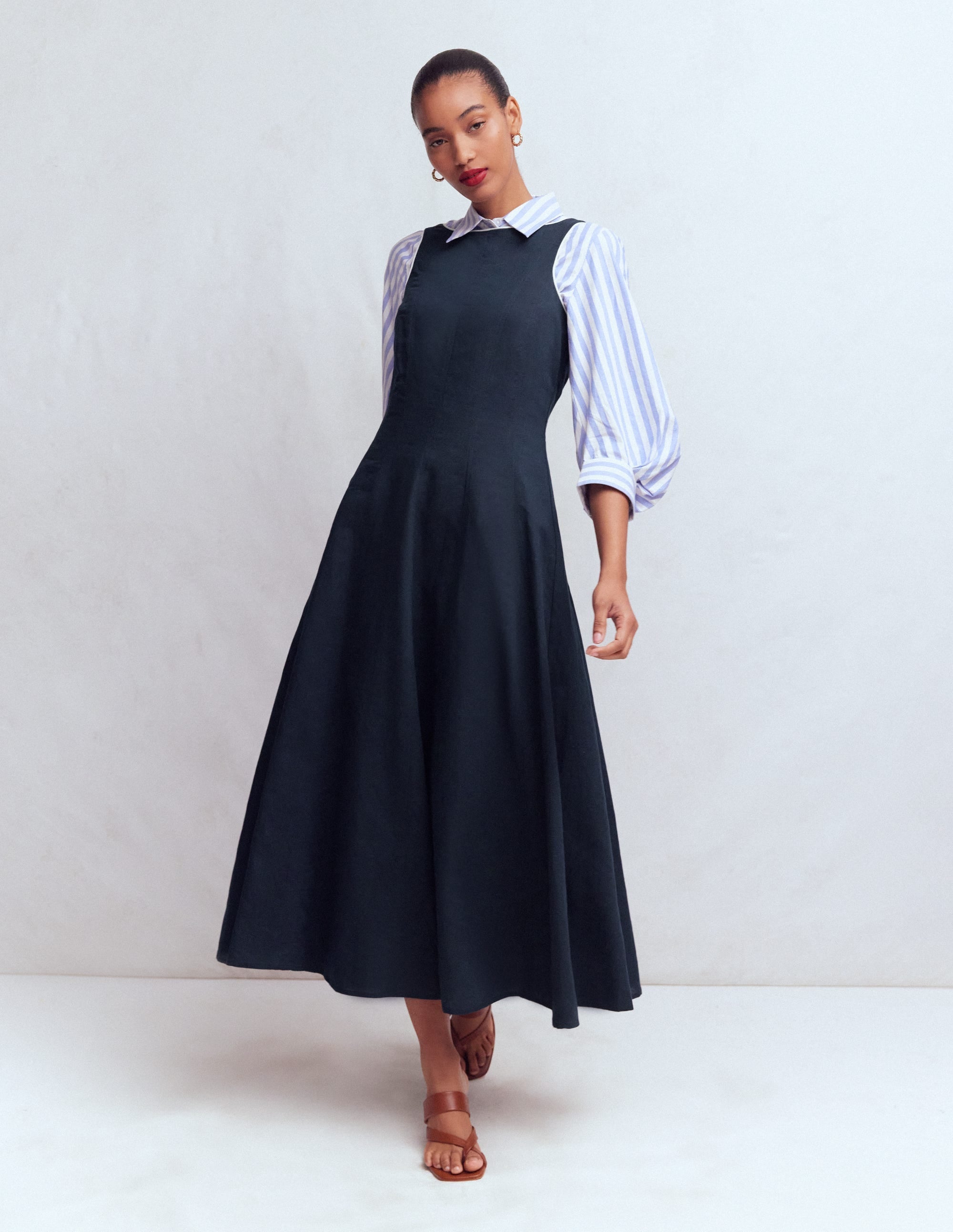 Annet Linen Blend Midi Dress-Navy