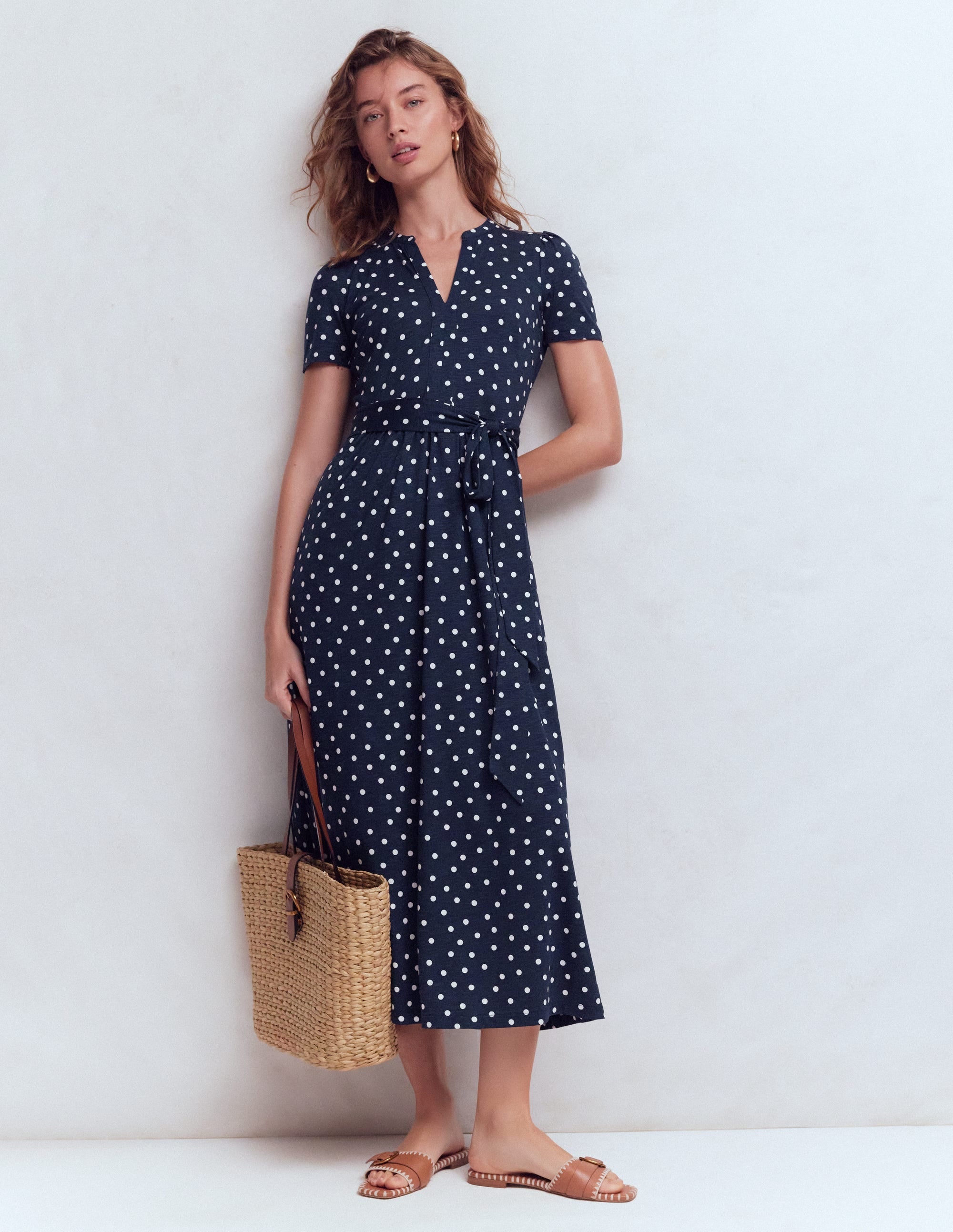 Naomi Jersey Midi Dress-Navy and Ivory, Painted Dot