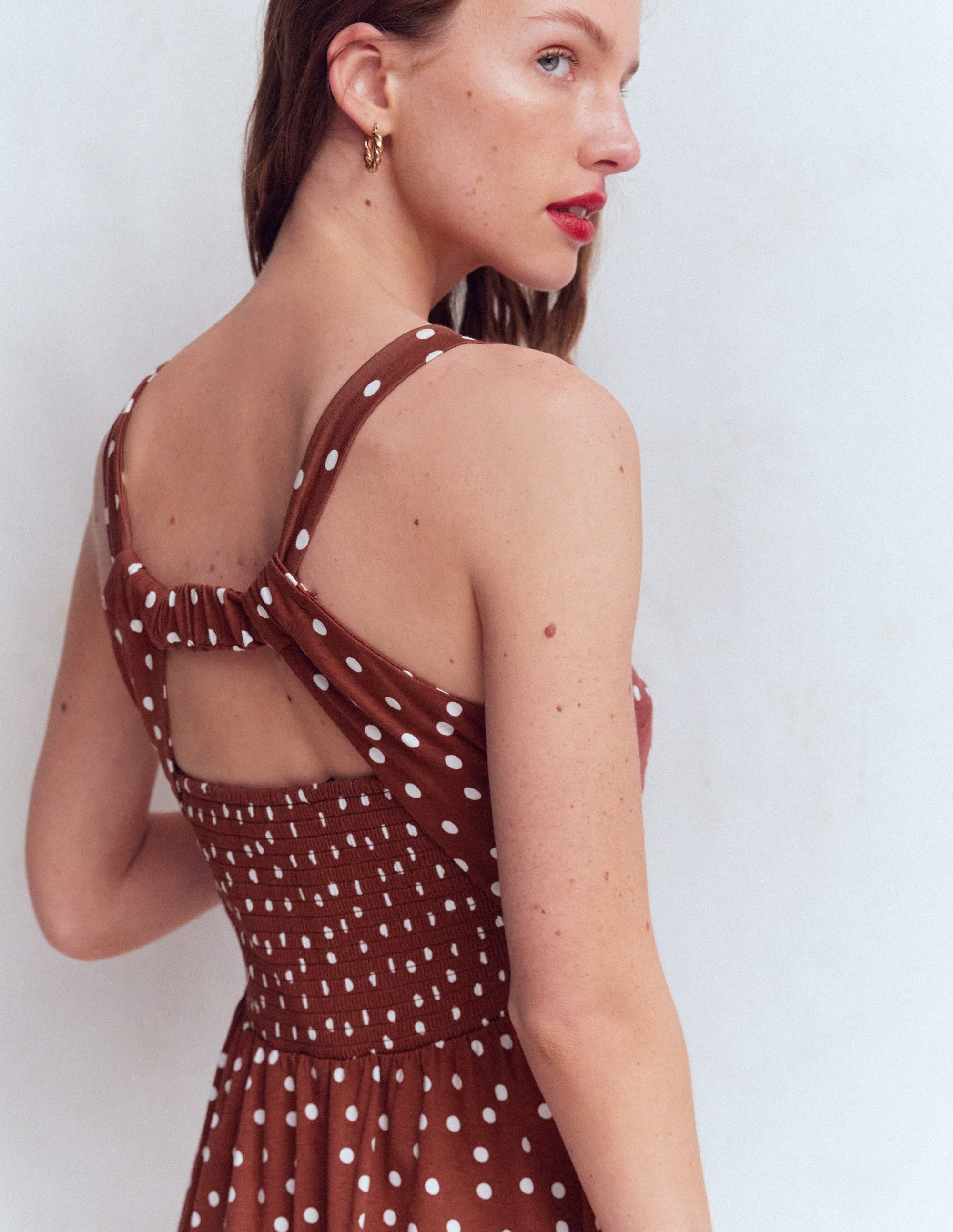 Saoirse Smocked Jersey Dress-Roasted Brown, Painted Dot