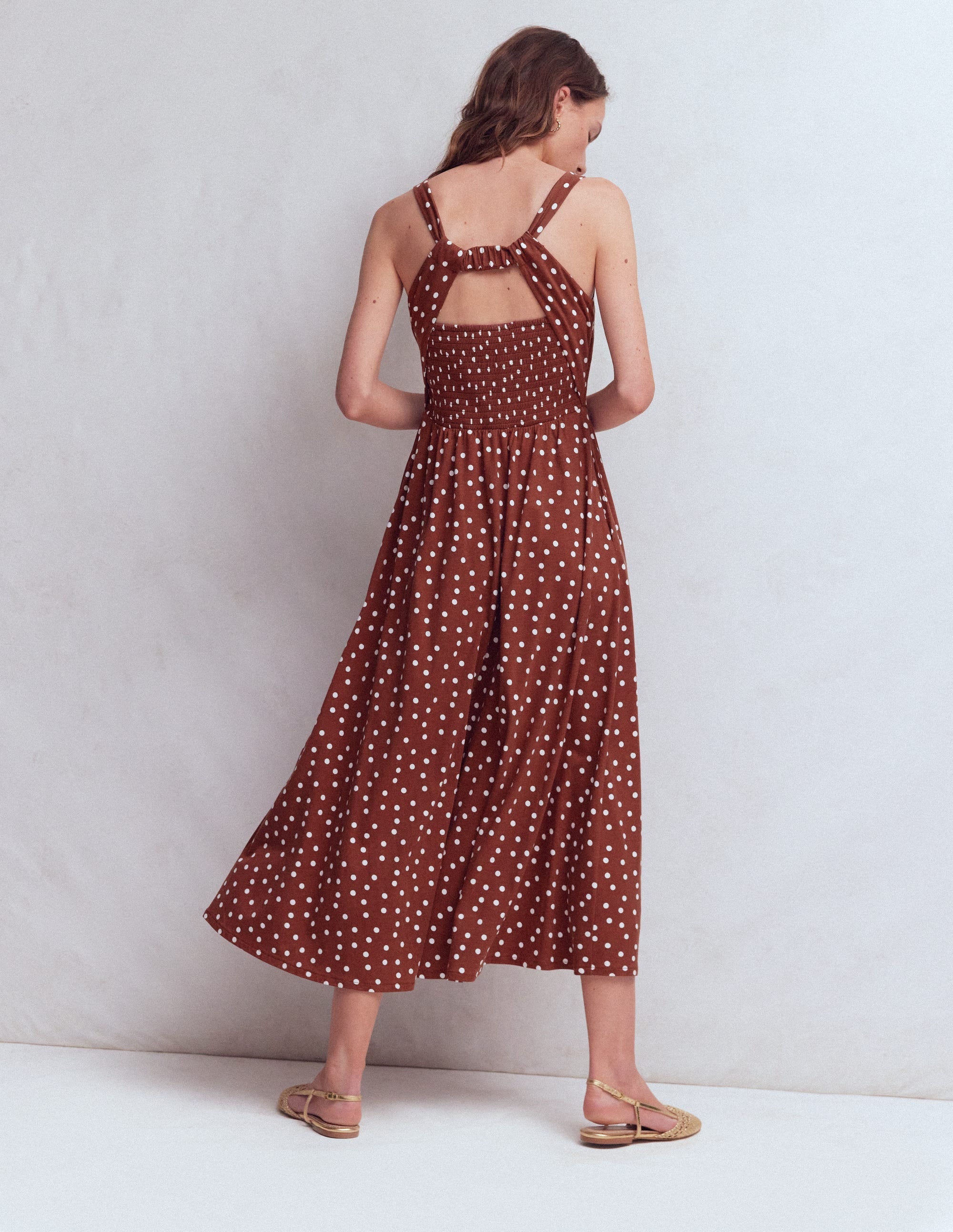 Saoirse Smocked Jersey Dress-Roasted Brown, Painted Dot