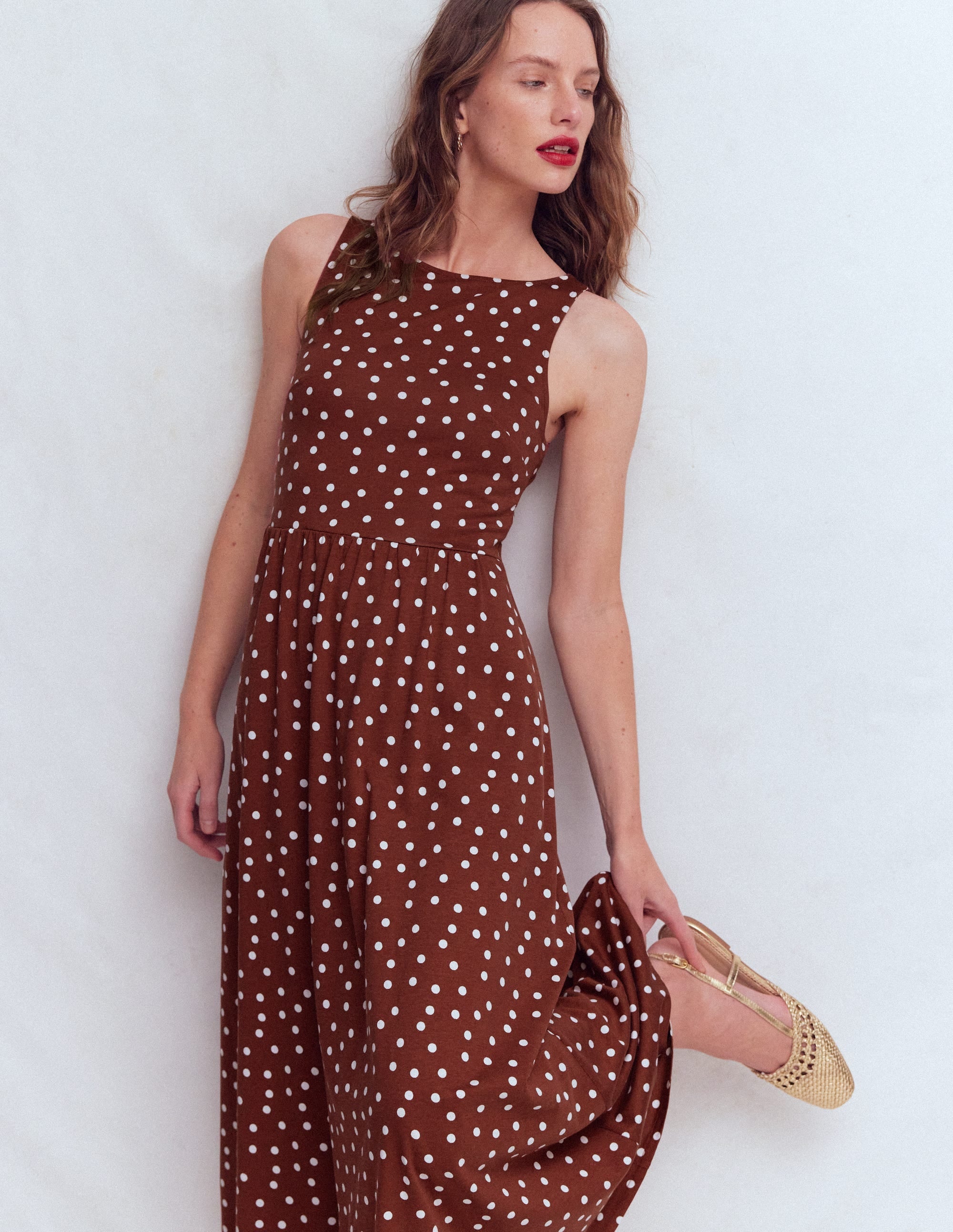 Saoirse Smocked Jersey Dress-Roasted Brown, Painted Dot