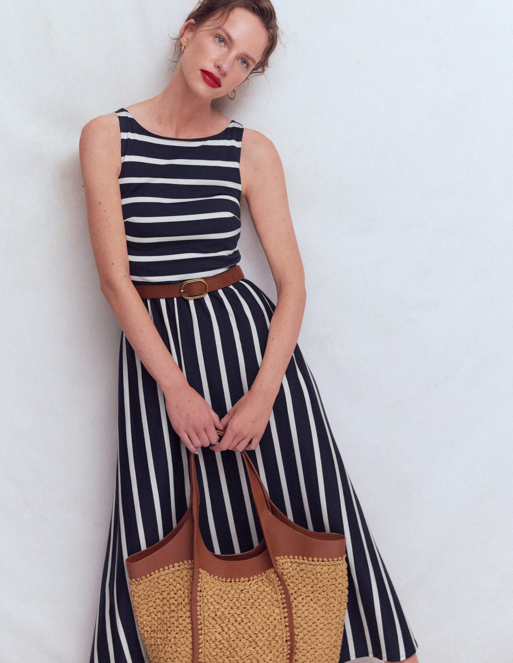 Saoirse Smocked Jersey Dress-Navy, Ivory Stripe