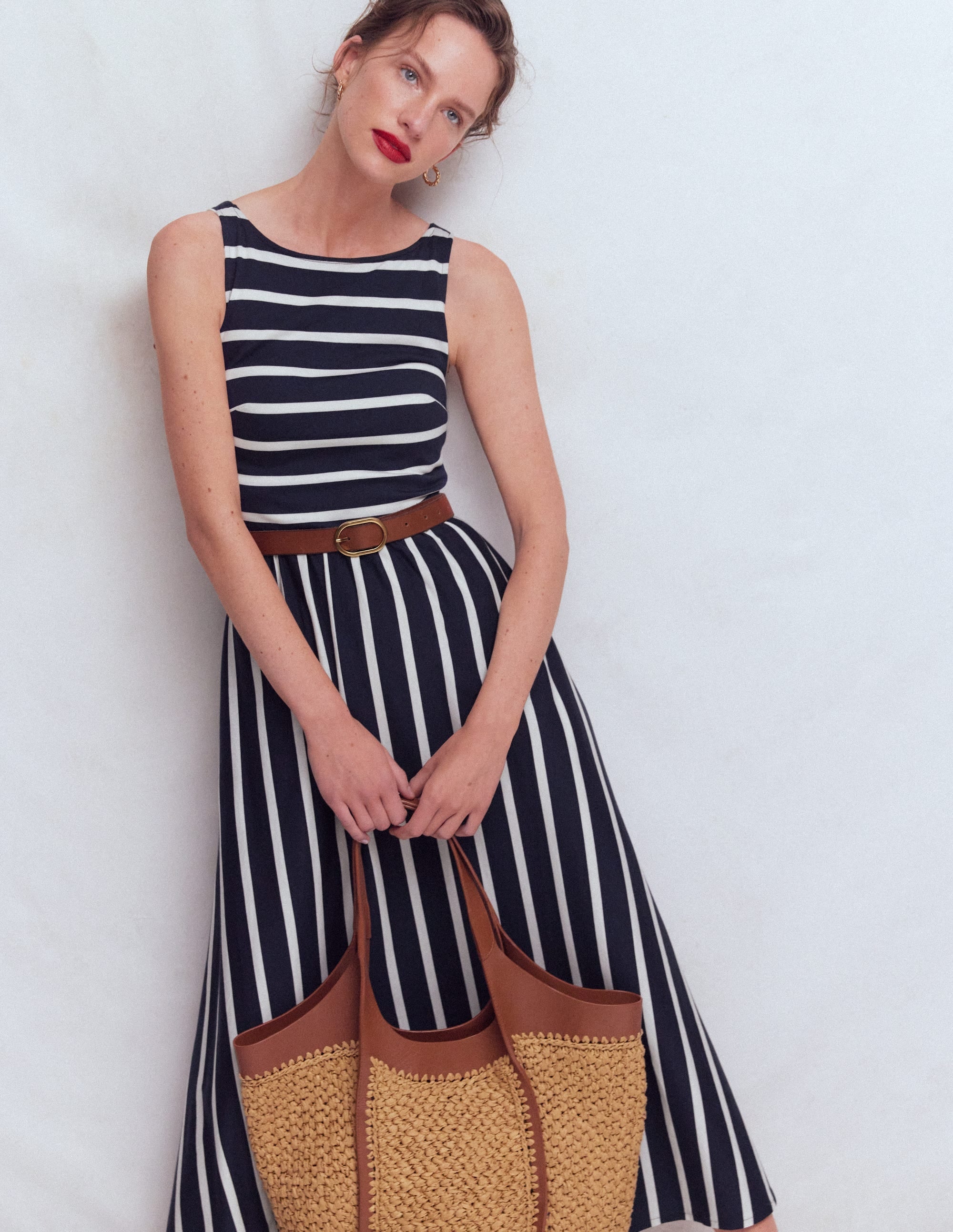 Saoirse Smocked Jersey Dress-Navy, Ivory Stripe