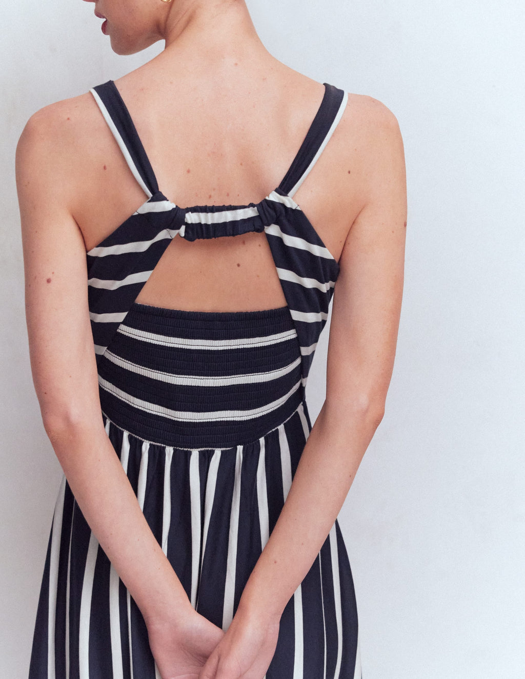 Saoirse Smocked Jersey Dress-Navy, Ivory Stripe