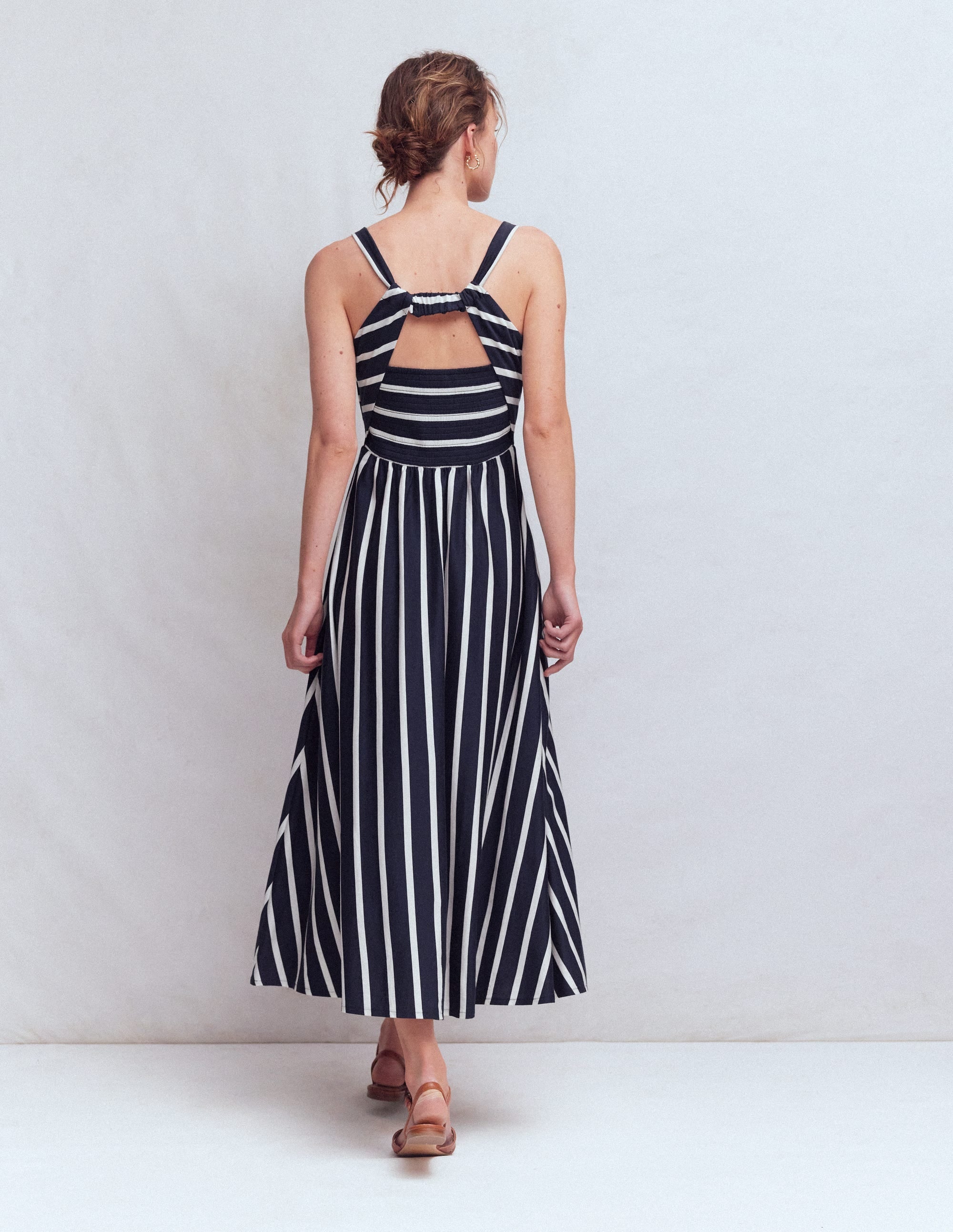 Saoirse Smocked Jersey Dress-Navy, Ivory Stripe