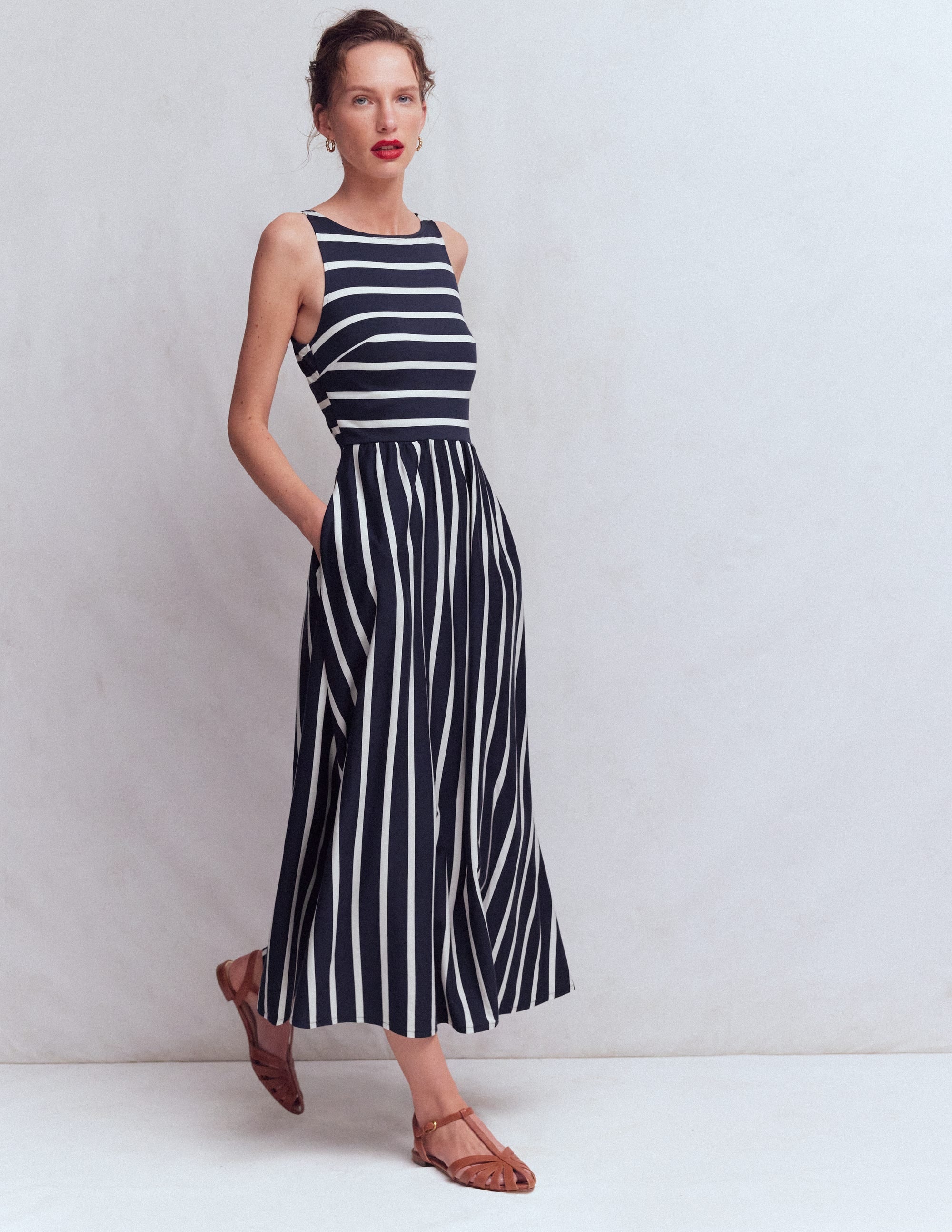 Saoirse Smocked Jersey Dress-Navy, Ivory Stripe