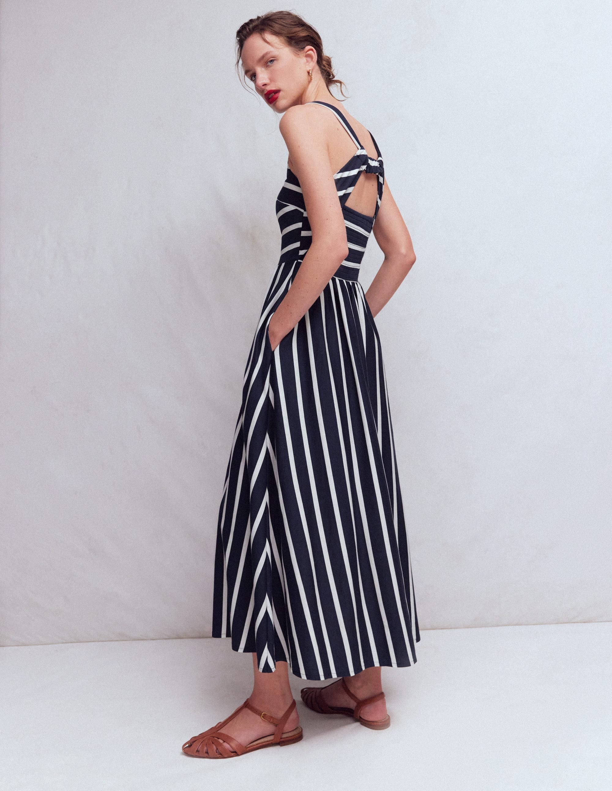 Saoirse Smocked Jersey Dress-Navy, Ivory Stripe