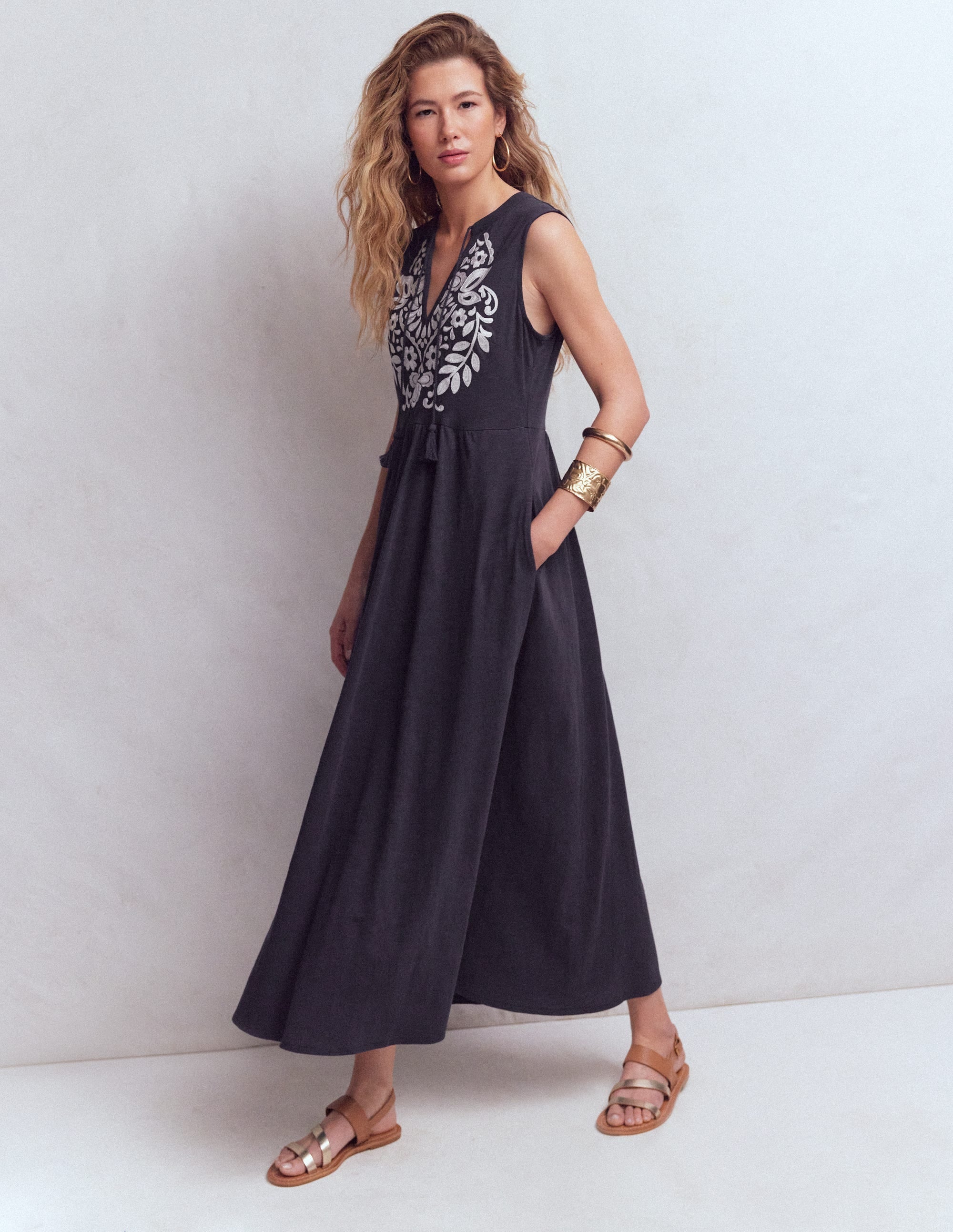 Notch Neck Jersey Maxi Dress-Navy
