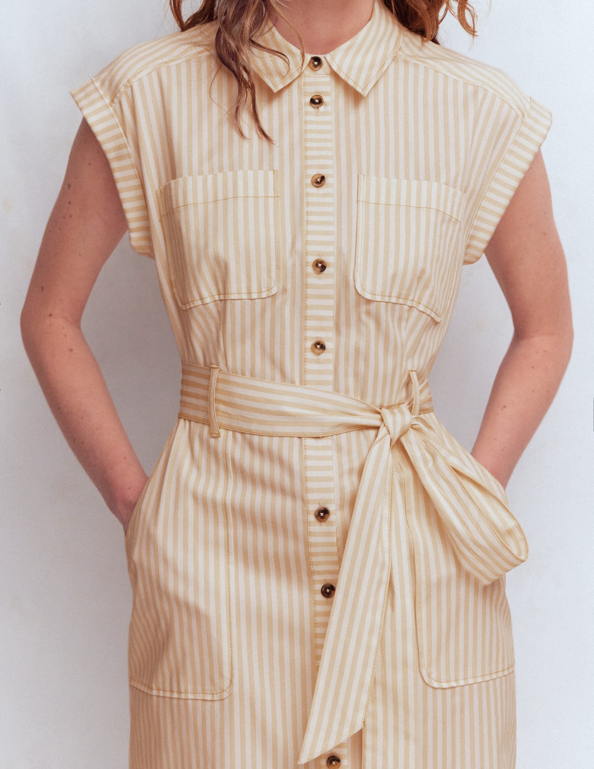 Short Belted Shirt Dress-Brown Fine Stripe
