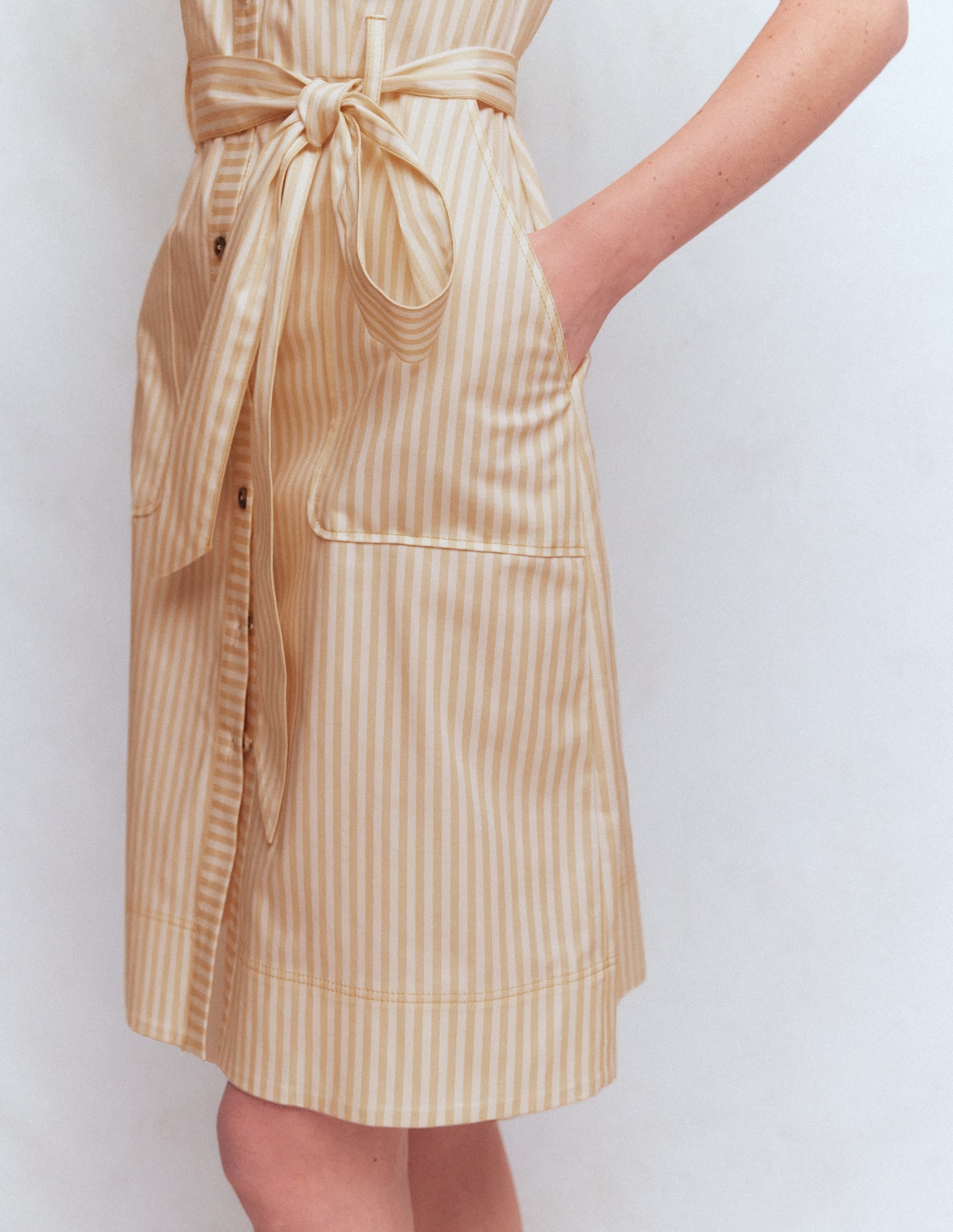 Short Belted Shirt Dress-Brown Fine Stripe