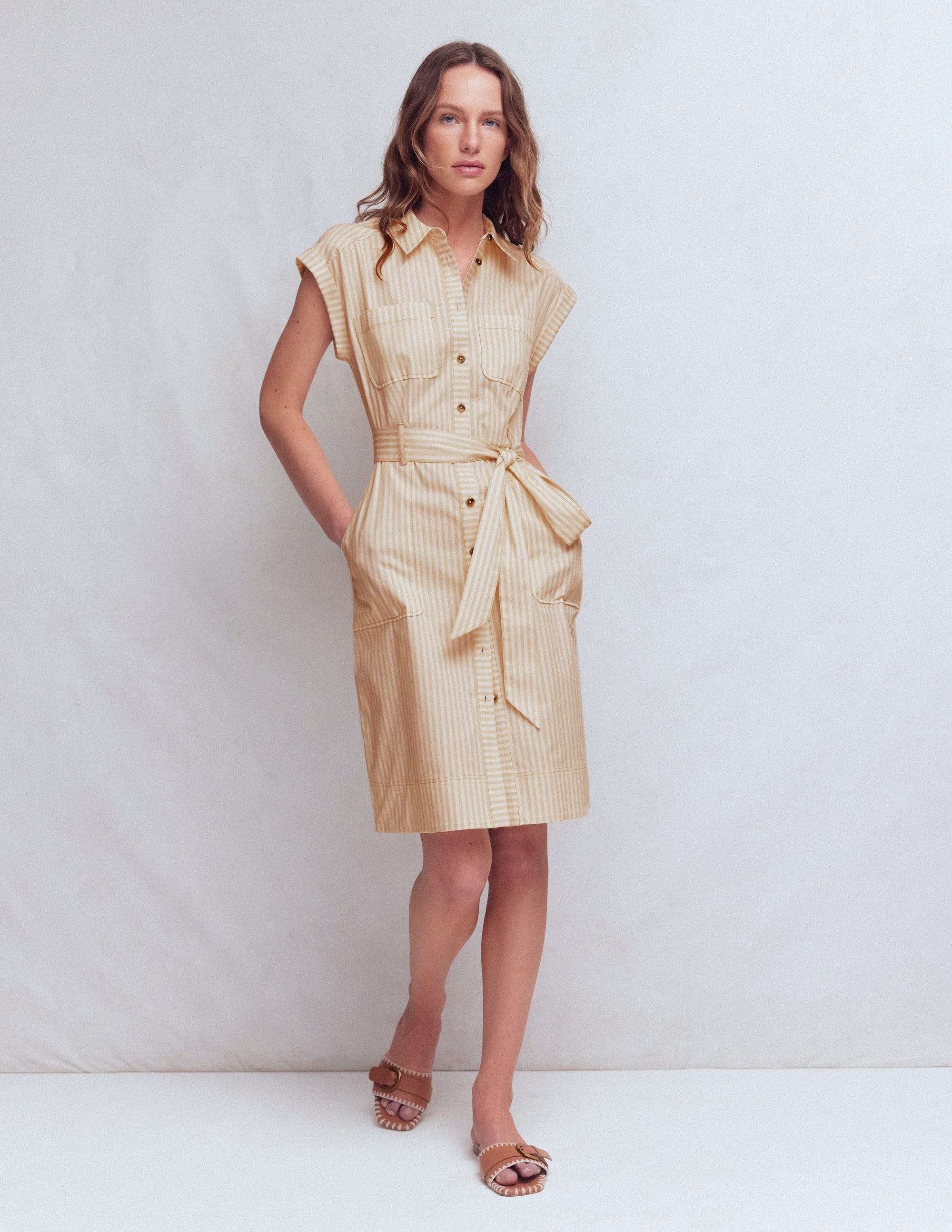 Short Belted Shirt Dress-Brown Fine Stripe