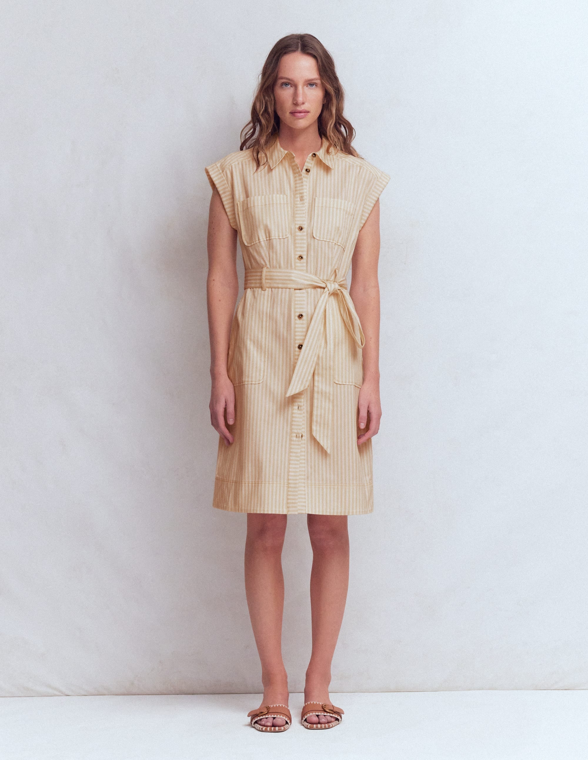 Short Belted Shirt Dress-Brown Fine Stripe