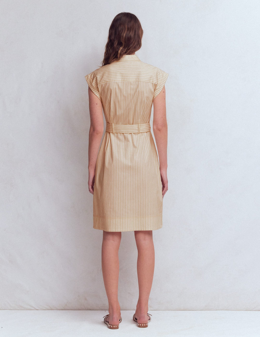 Short Belted Shirt Dress-Brown Fine Stripe