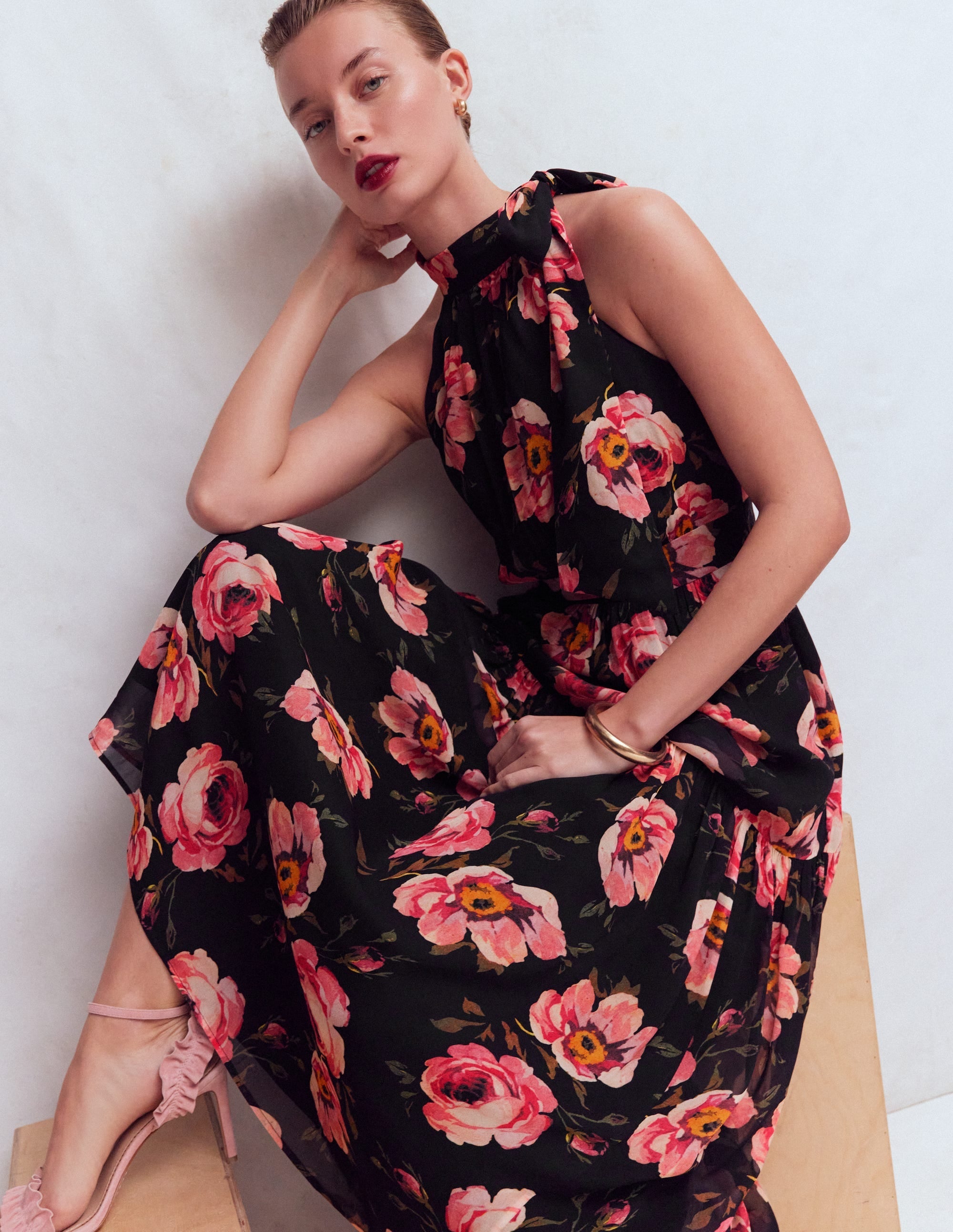 Roisin Tie Neck Maxi Dress-Black Whimsical Roses
