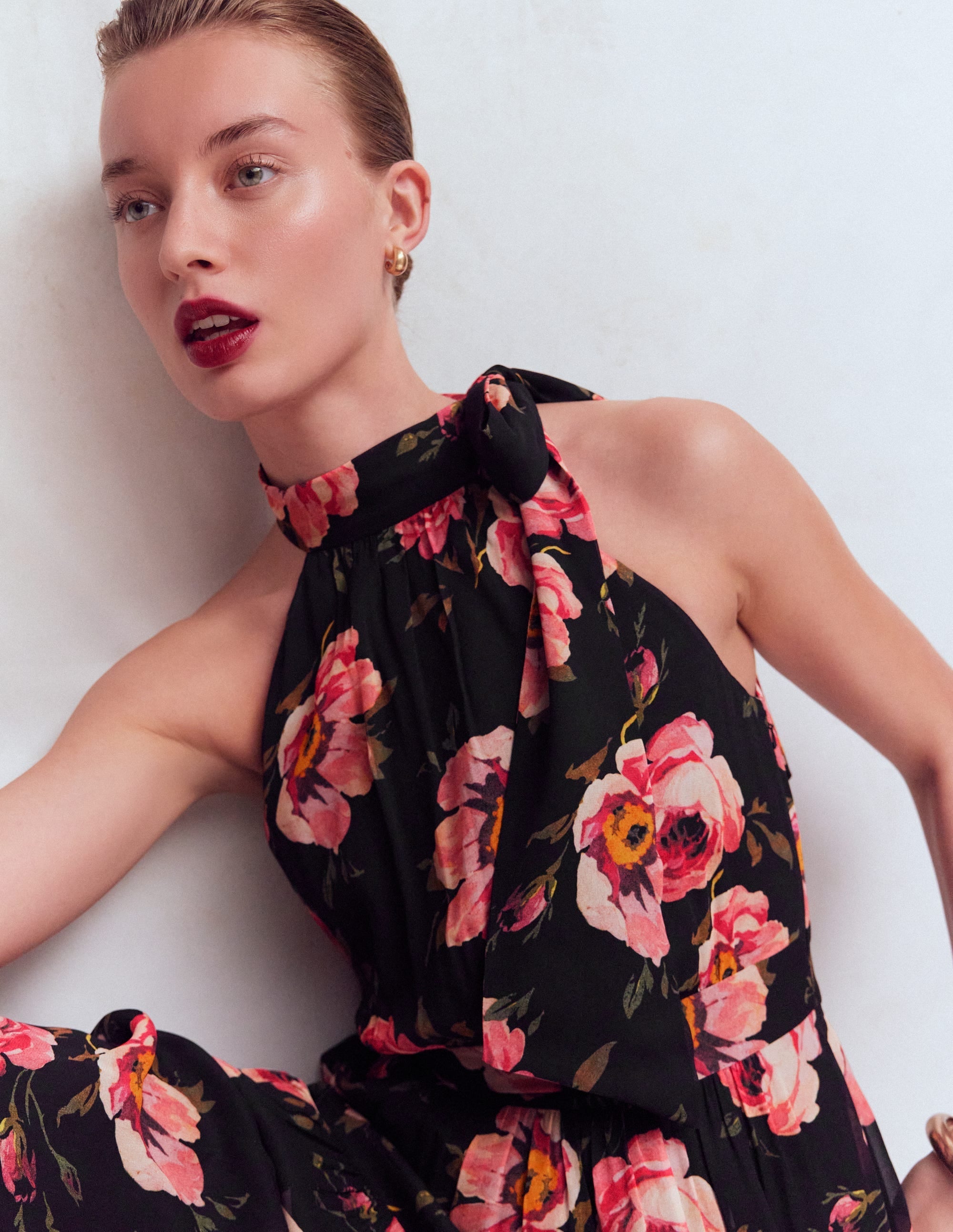 Roisin Tie Neck Maxi Dress-Black Whimsical Roses