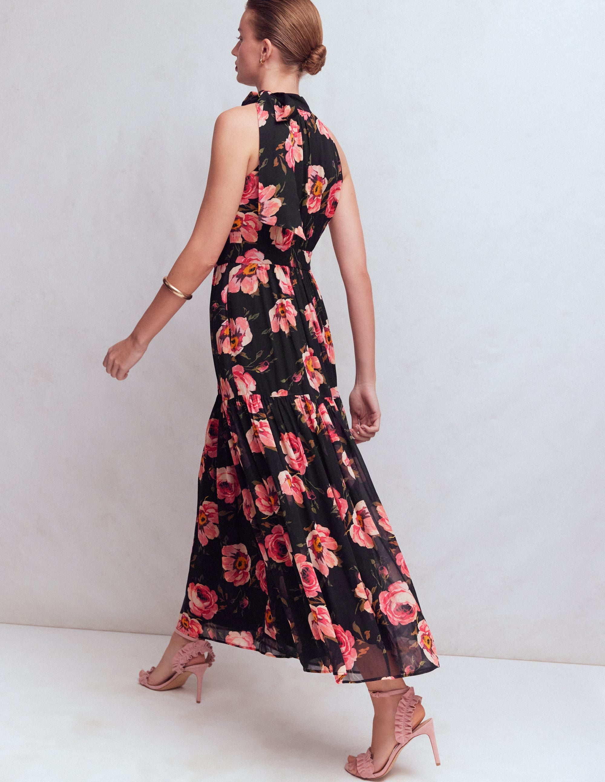 Roisin Tie Neck Maxi Dress-Black Whimsical Roses