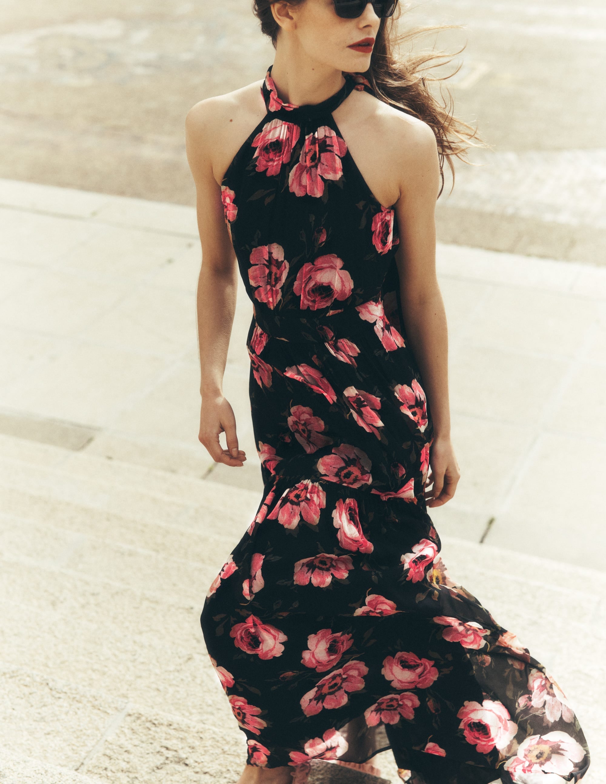 Roisin Tie Neck Maxi Dress-Black Whimsical Roses