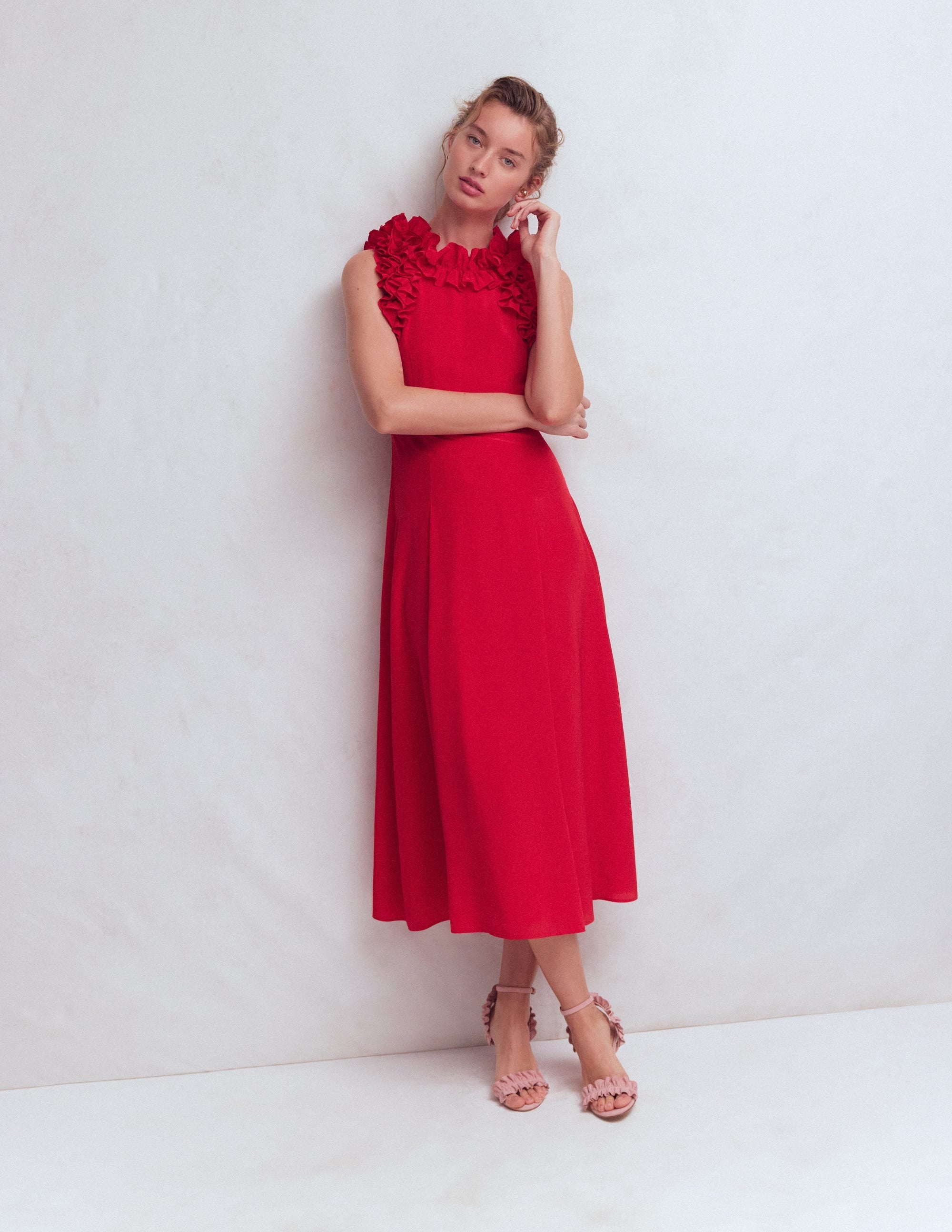 Ruffle Silk Midi Dress-Red
