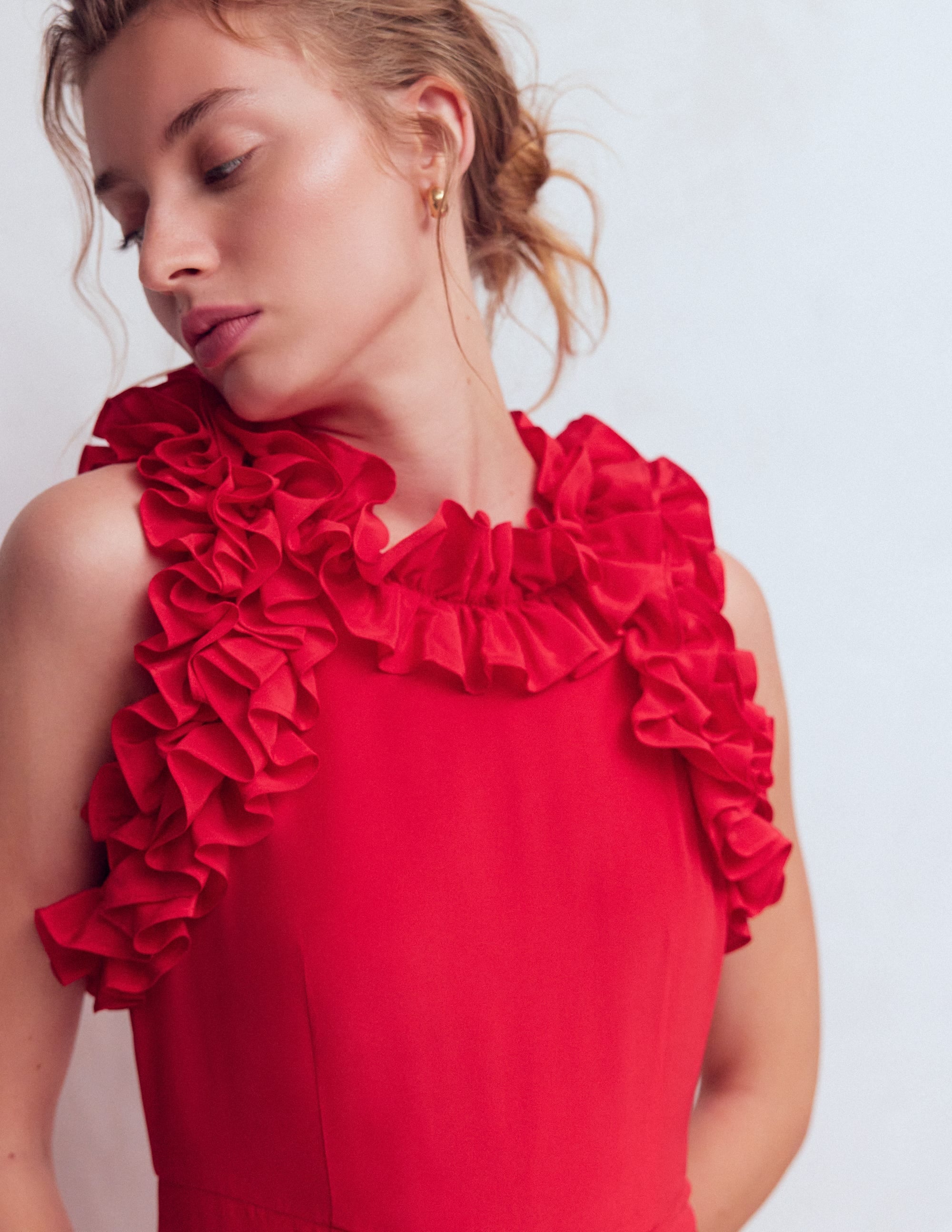 Ruffle Silk Midi Dress-Red