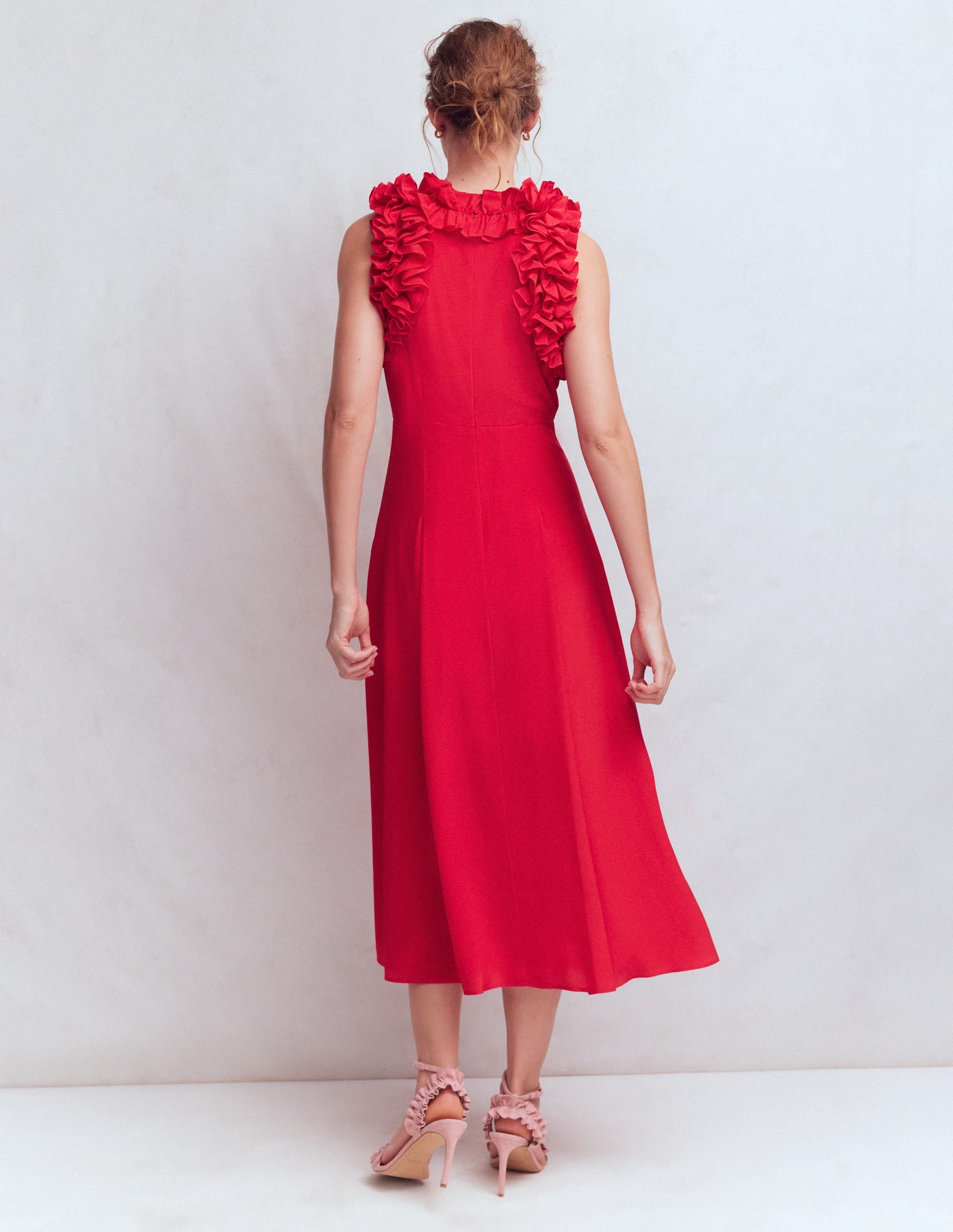Ruffle Silk Midi Dress-Red