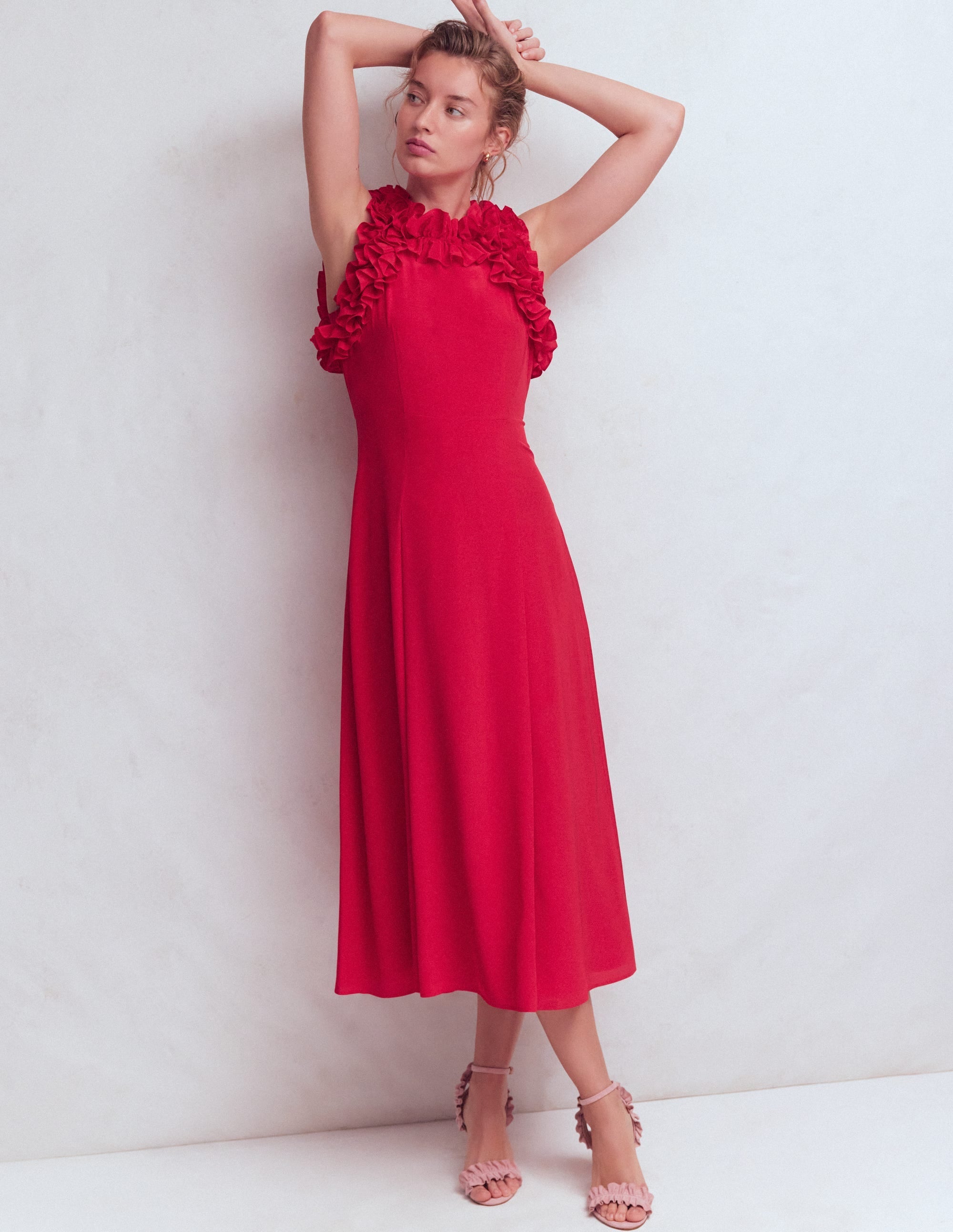 Ruffle Silk Midi Dress-Red