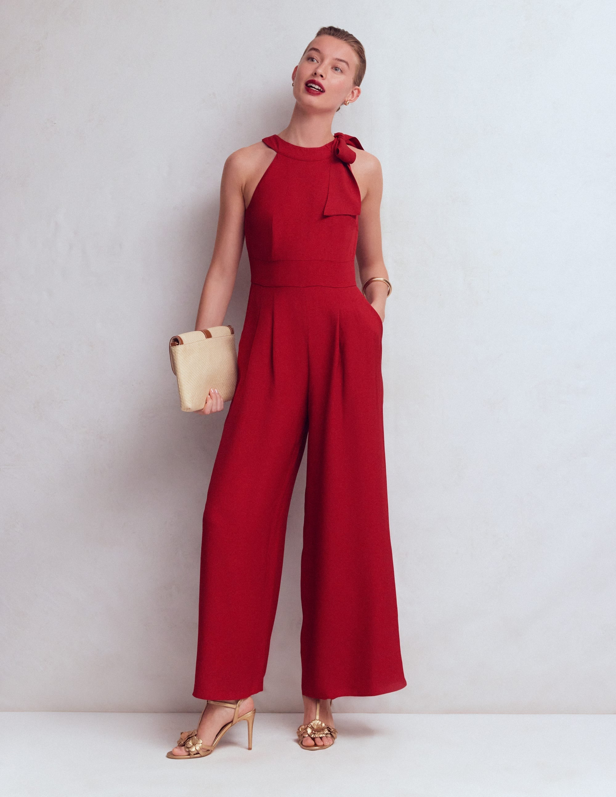 Tie Halter Neck Jumpsuit-Rich Chestnut