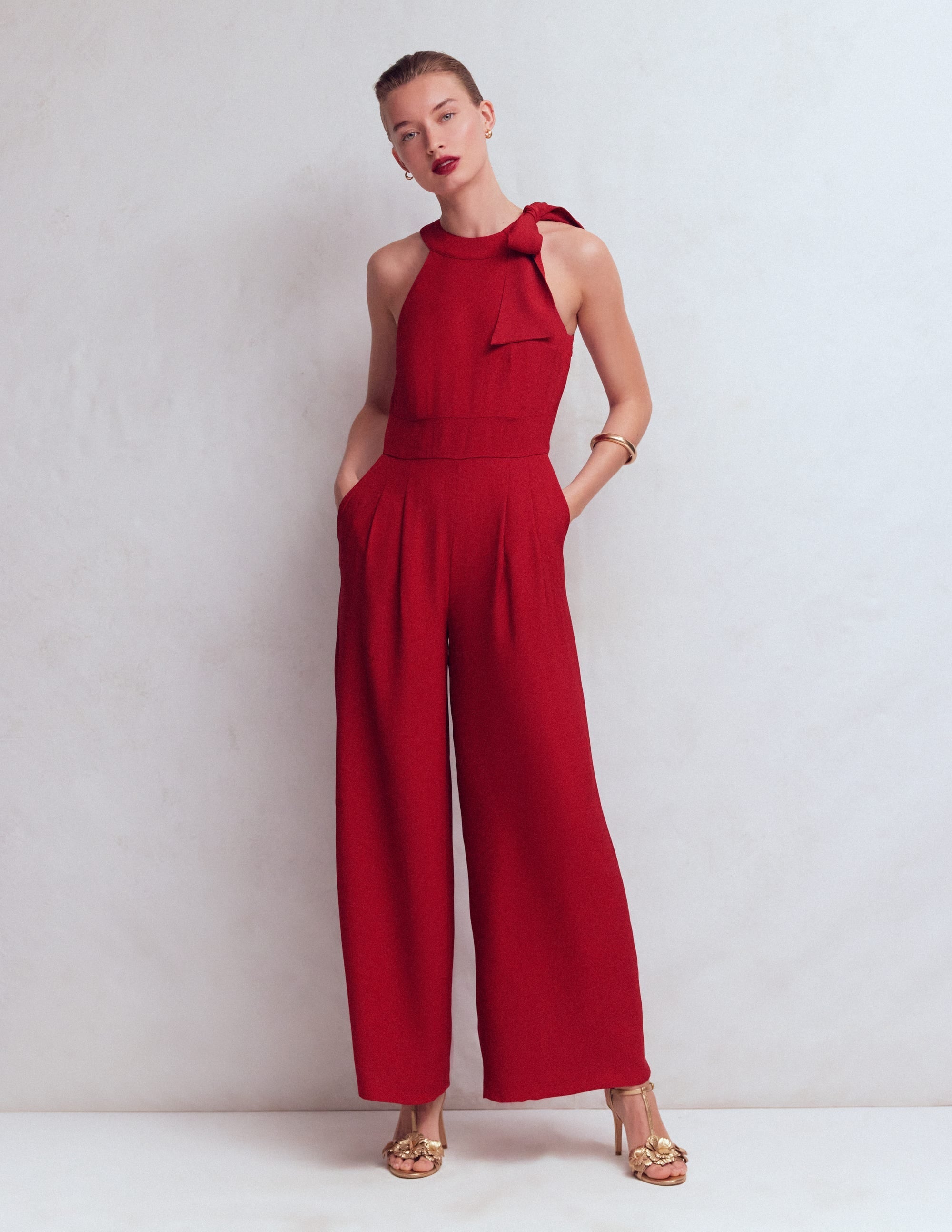 Tie Halter Neck Jumpsuit-Rich Chestnut