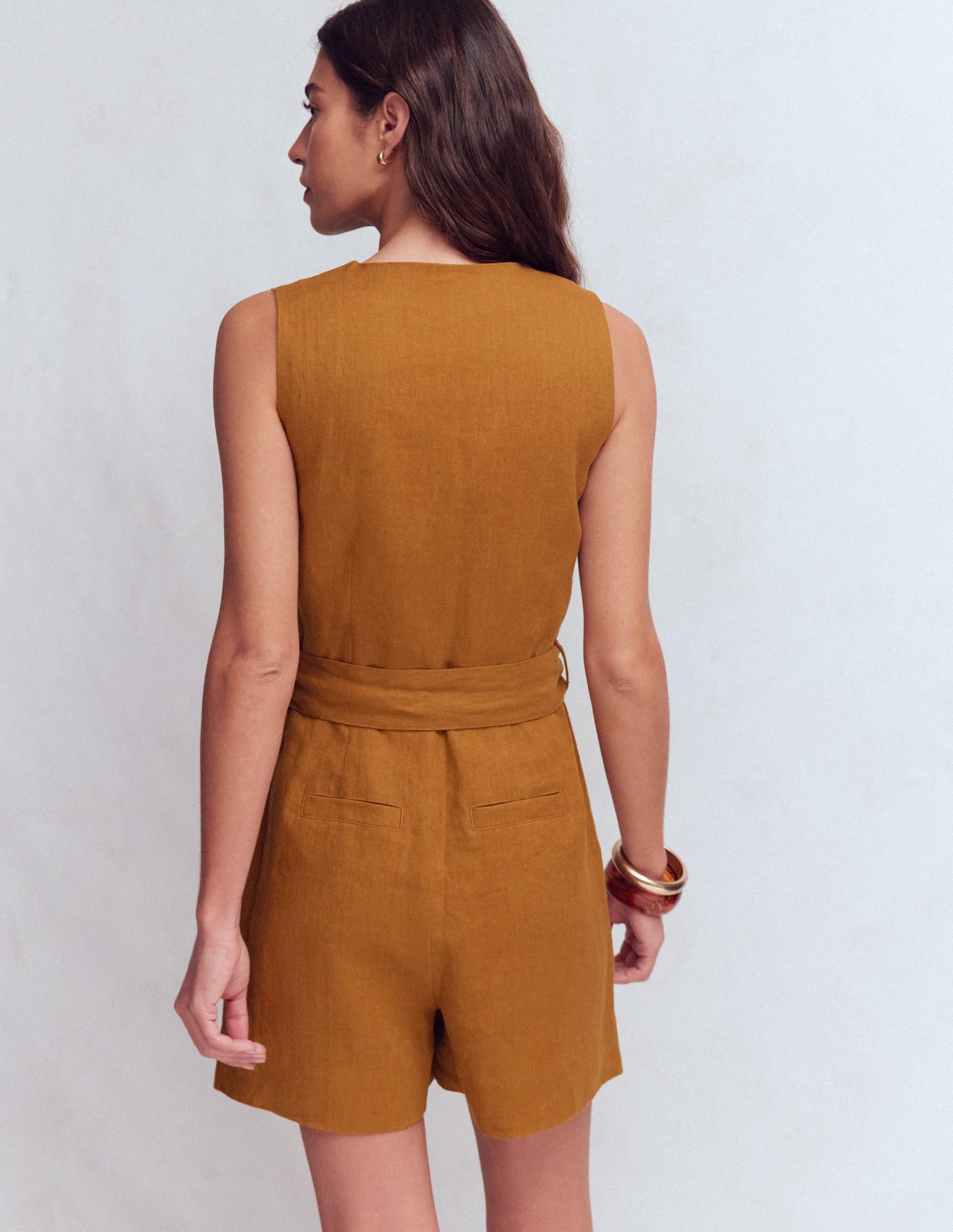 Laura V-neck Linen Playsuit-Gingerbread