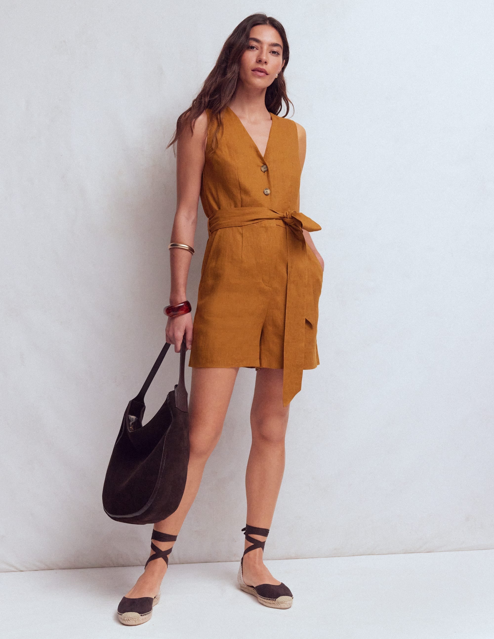 Laura V-neck Linen Playsuit-Gingerbread